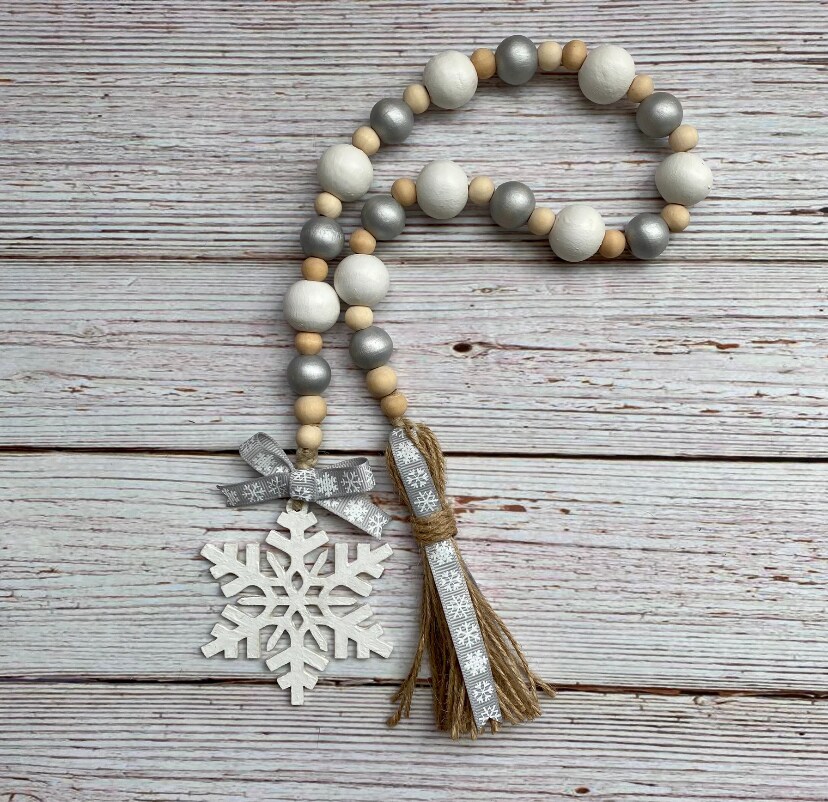 Snowflake wood bead garland, silver snowflake, winter tiered tray