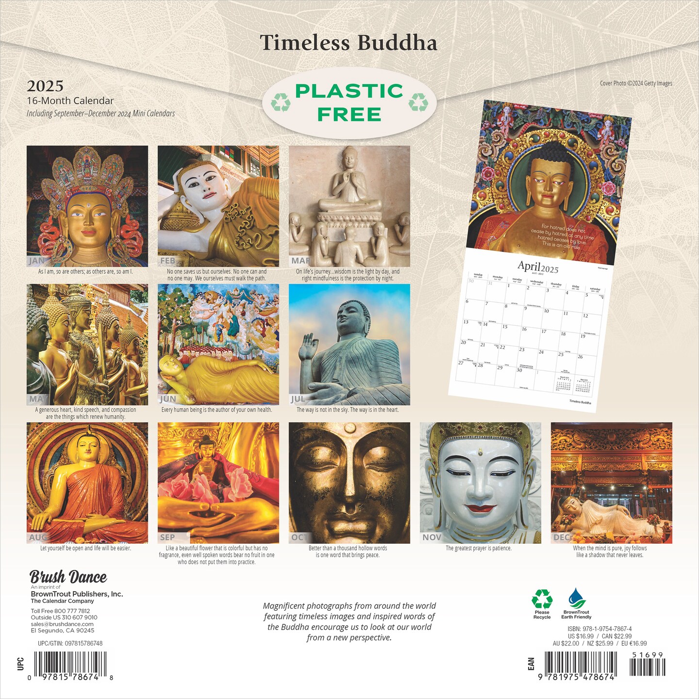 Timeless Buddha | 2025 12 x 24 Inch Monthly Square Wall Calendar | Plastic-Free | Brush Dance | Inspiration Thailand Peace
