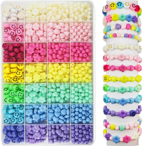 1260 Pieces Acrylic Pastel Beads, Candy Color Flower Beads Happy Face Beads Heart Beads Round Shaped Beads Colorful Assorted Cute Beads Kawaii Beads Bulk for Bracelets Jewelry Making Phone Charm Bead