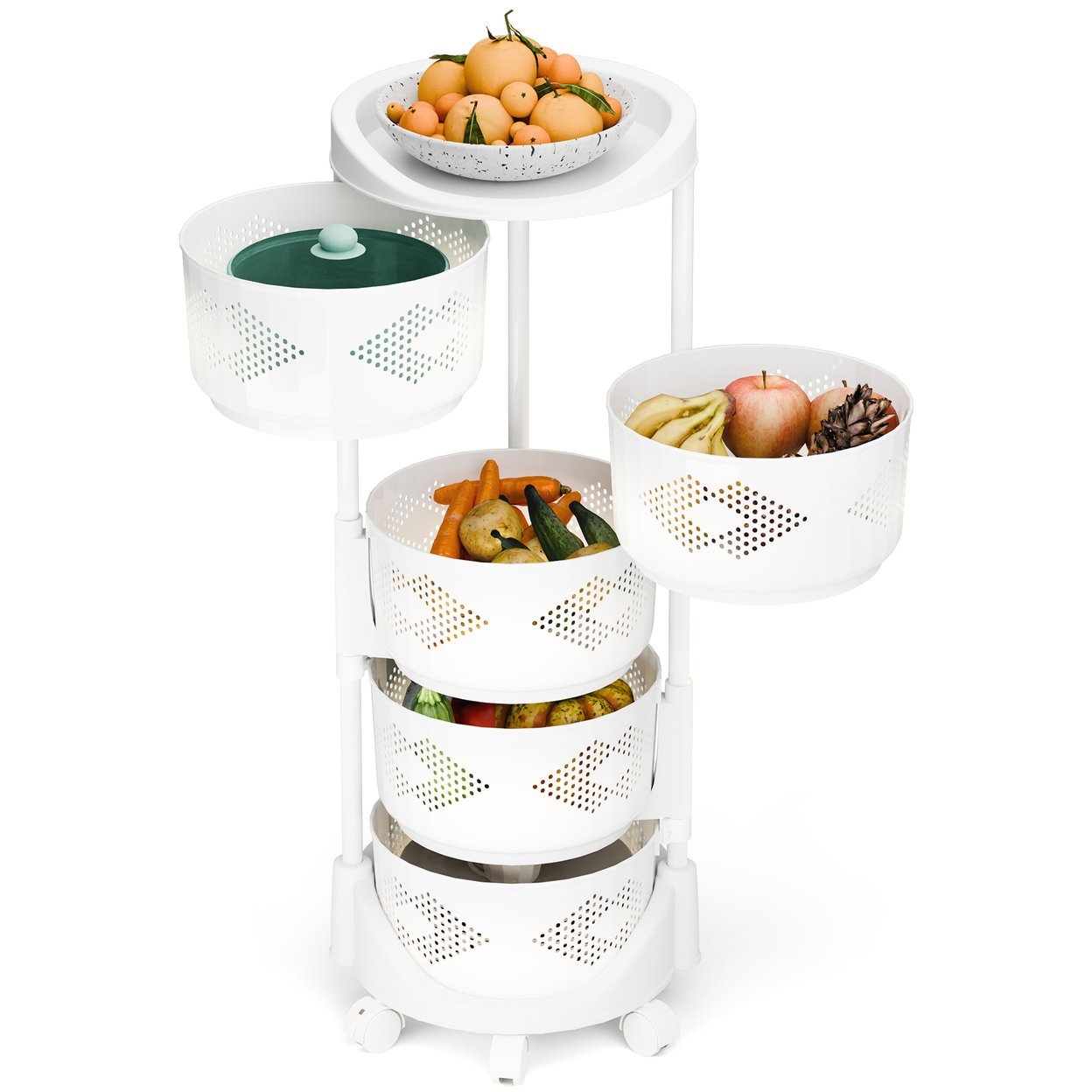 Kitchen Storage Cart 5 Tier Circular Rotating Basket Large Storage Rack With 360 Degree Wheels Fruit Vegetable Shelf