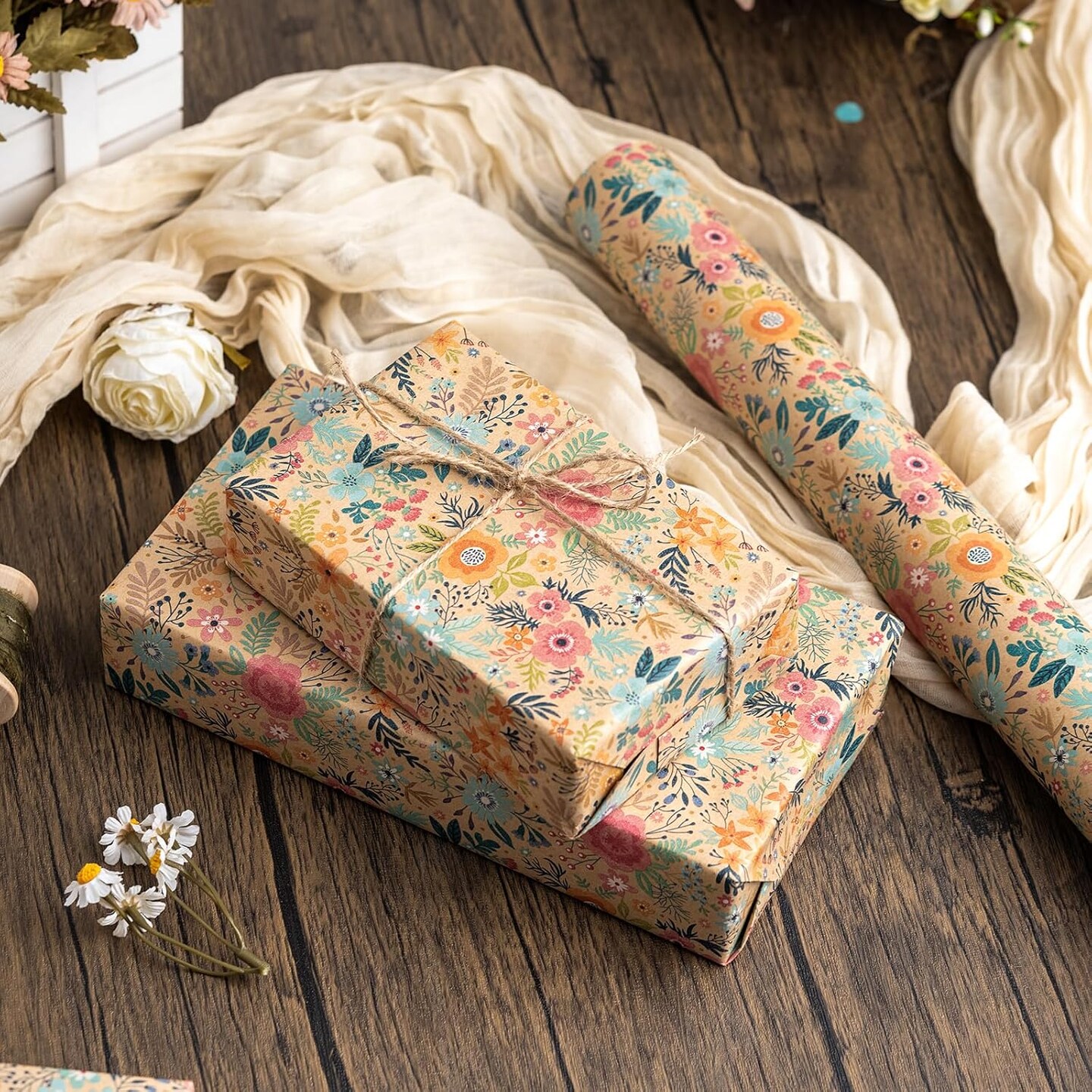Colorful Floral Kraft Wrapping Paper Roll - 17Inch x 33Feet