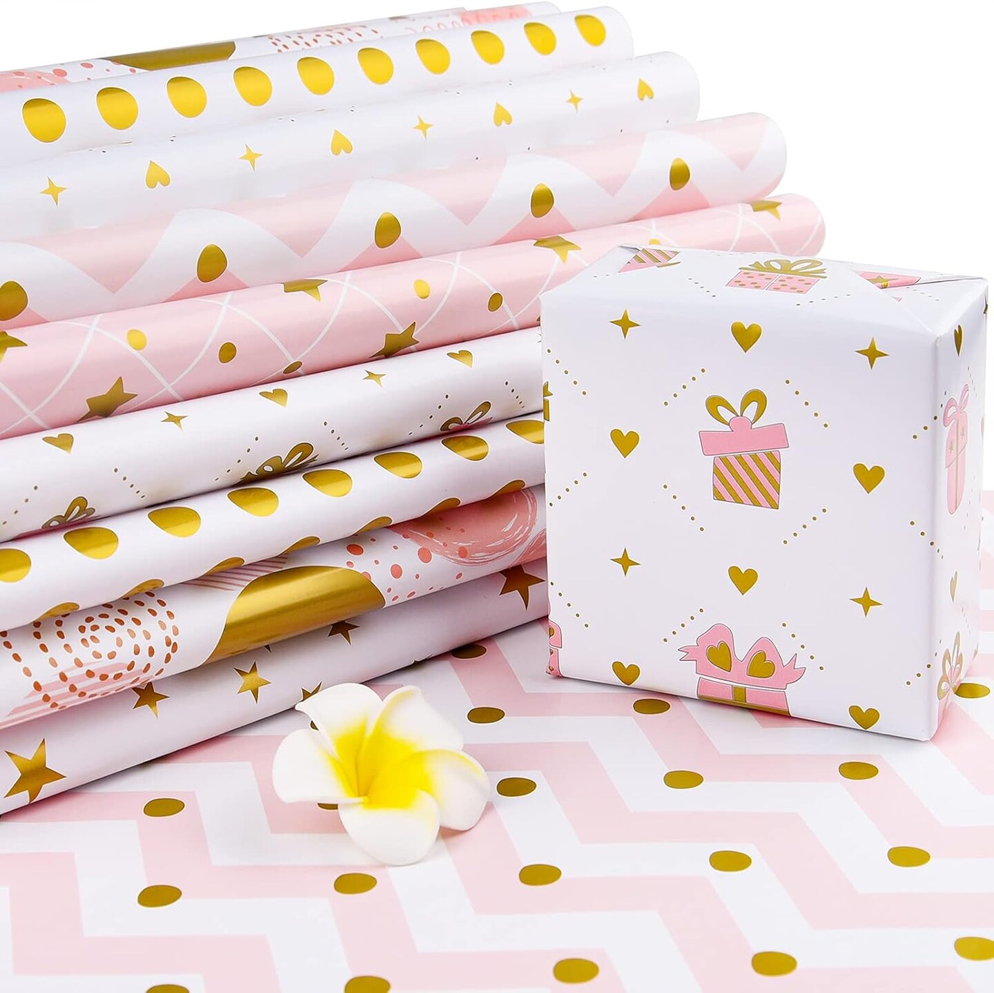6 Sheets Gold and Pink Birthday Gift Wrapping Paper, Gold Pink Gift Wrap Paper for Wedding