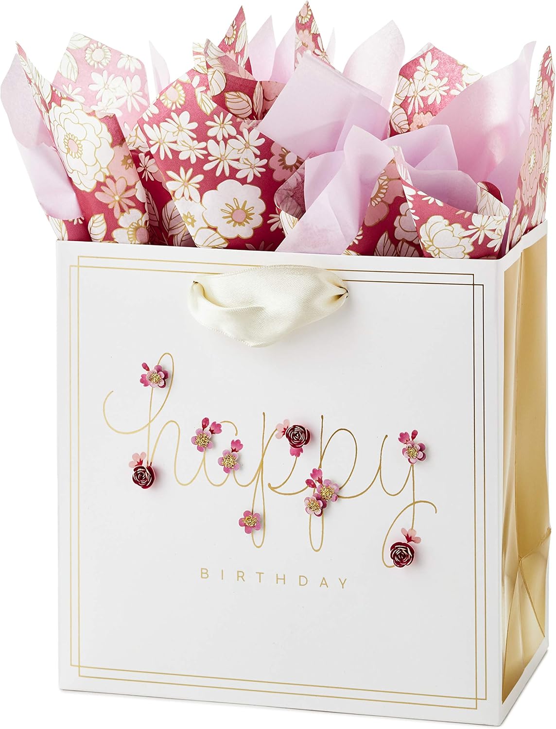 Signature Medium Birthday Gift Bag – 7", Pink Flowers with Tissue Paper