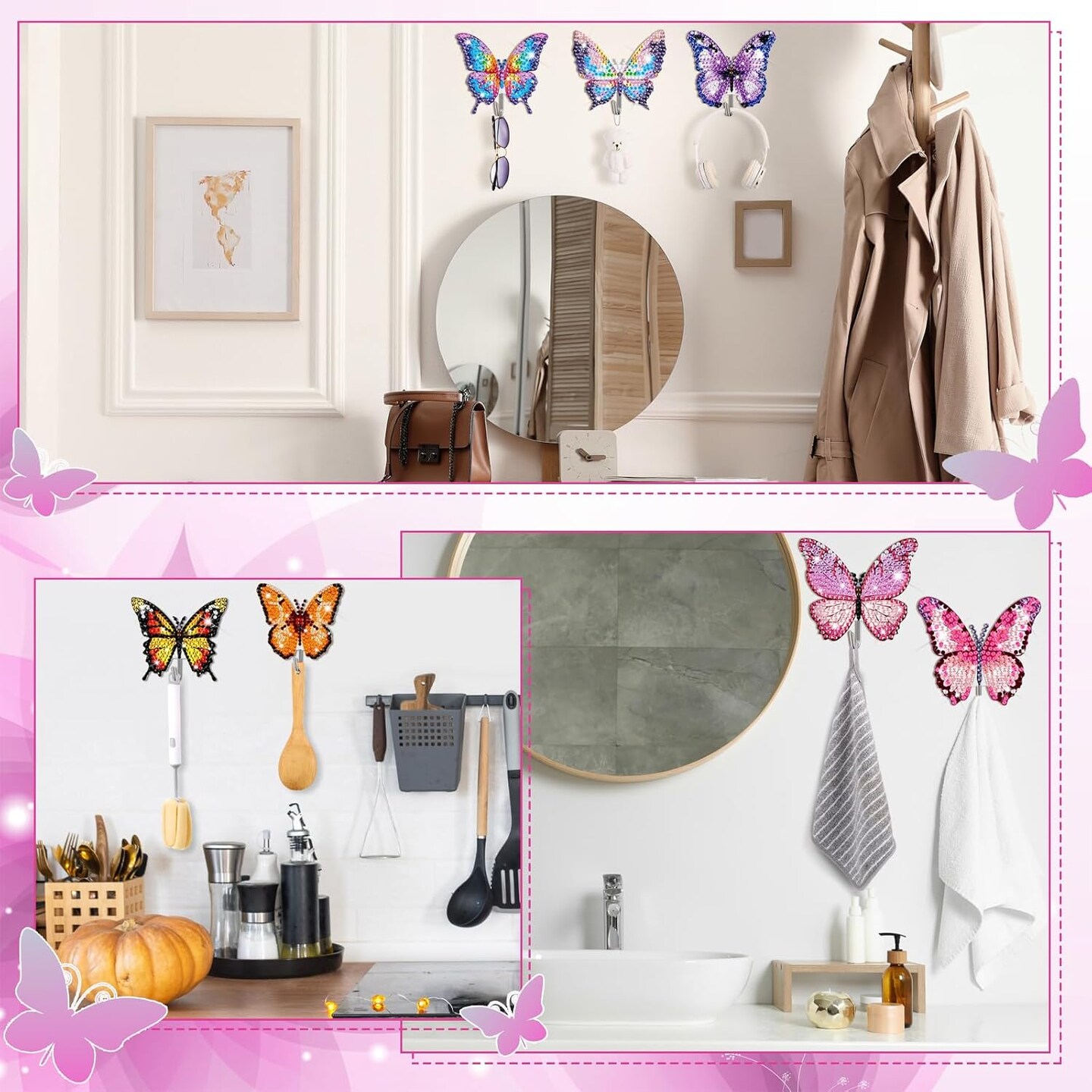 25 PcsDIY Diamond Art Painting Wall Hook Key Holder Butterfly Wall Hooks Rhinestone Dot Gem Art Kits Sticky Hooks for Towel Hat Kitchen Decoration