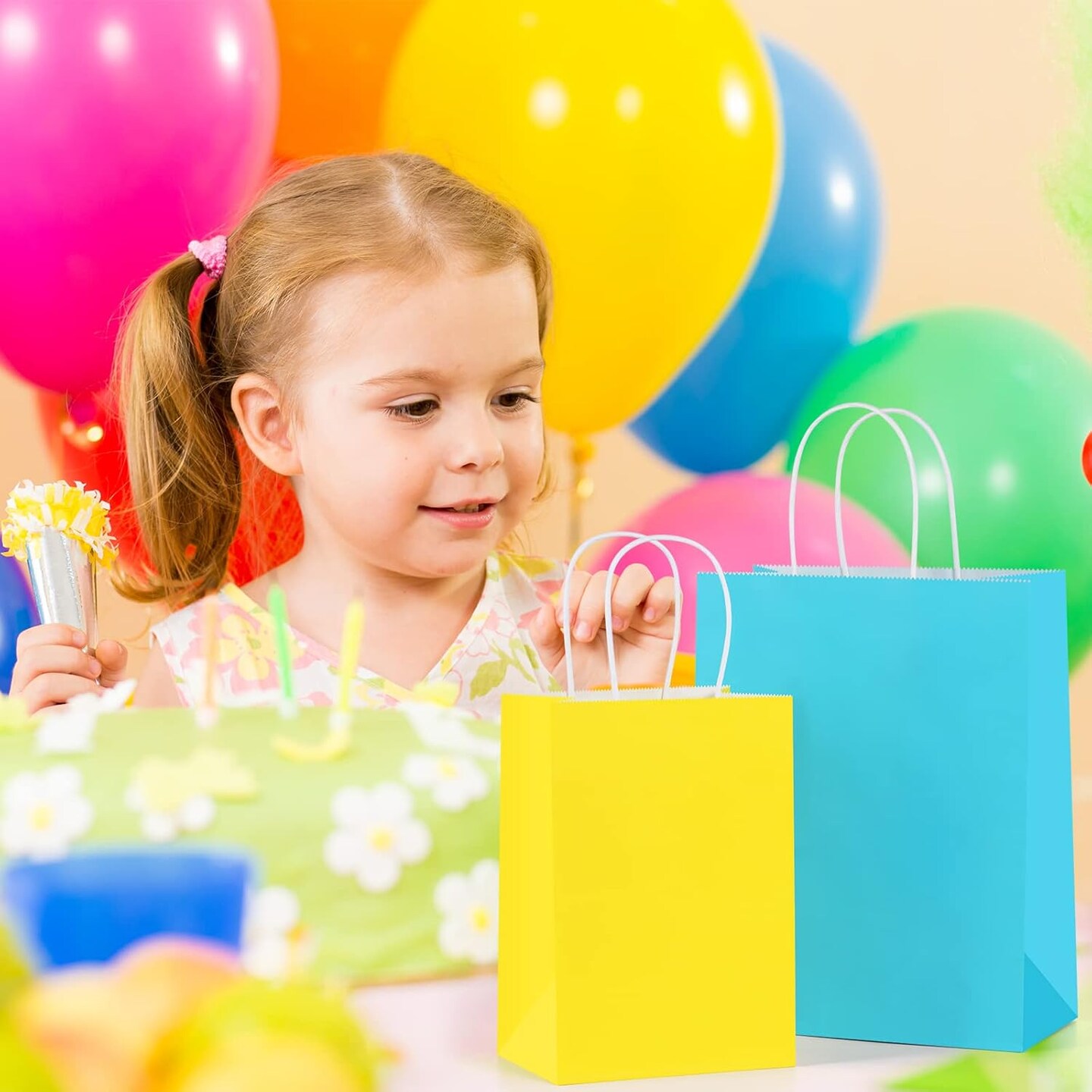 24 PCS Small Rainbow Party Favor Gift Bags with Handles – Kraft Paper Bags, 6 Assorted Colors for Weddings, Birthdays & Parties, 5.25x3x8 Inches