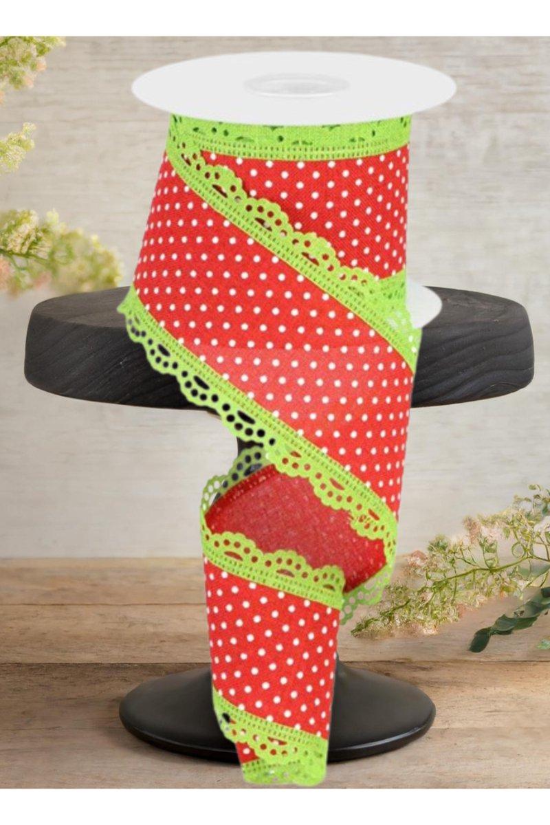 2.5&#x22; Swiss Dots Lace Edge Ribbon: Red/Lime Green (10 Yards)