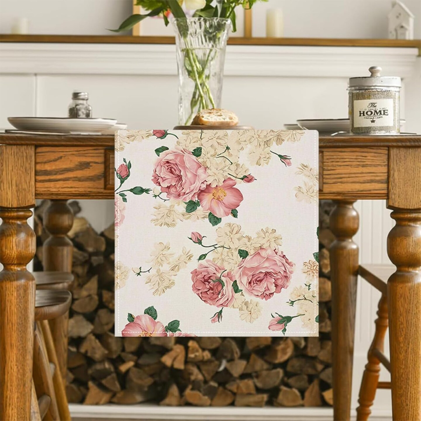 Spring Pink Peony Table Runner 13x72 Inch Spring Pink and Yellow Flowers Kitchen Dinning Table Decoration for Indoor Outdoor Home Party D&#xE9;cor