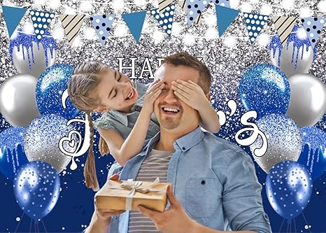 7x5ft Blue and Silver Glitter Happy Father's Day Backdrop - I Love Dad Large Photography Background Banner | Thank You Daddy Festival Party Supplies, Family Photo Booth Props for Video & Wall Decor