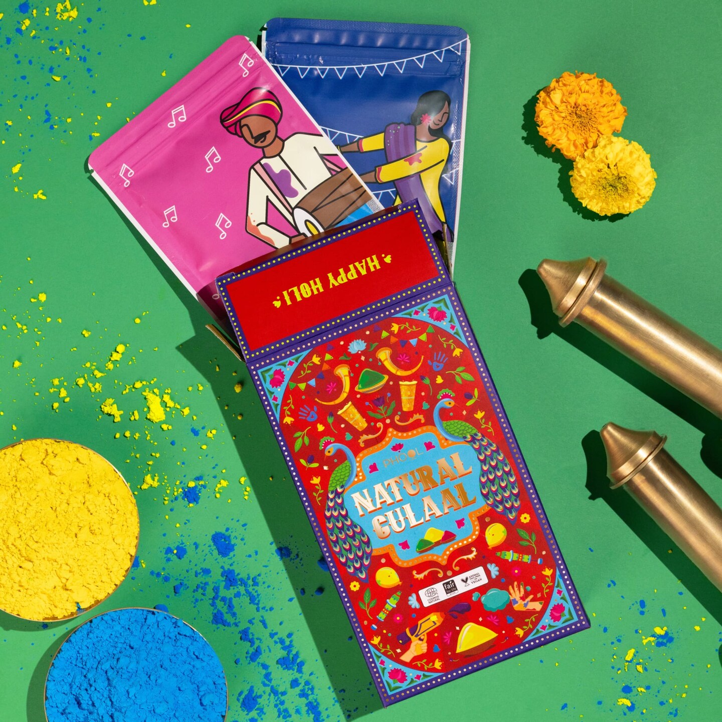 Natural Holi Gulal Powder Gift Box (Yellow & Red), Skin-Friendly Colors for Holi Gifting, Authentic Indian Festival Gulal with Greeting Card