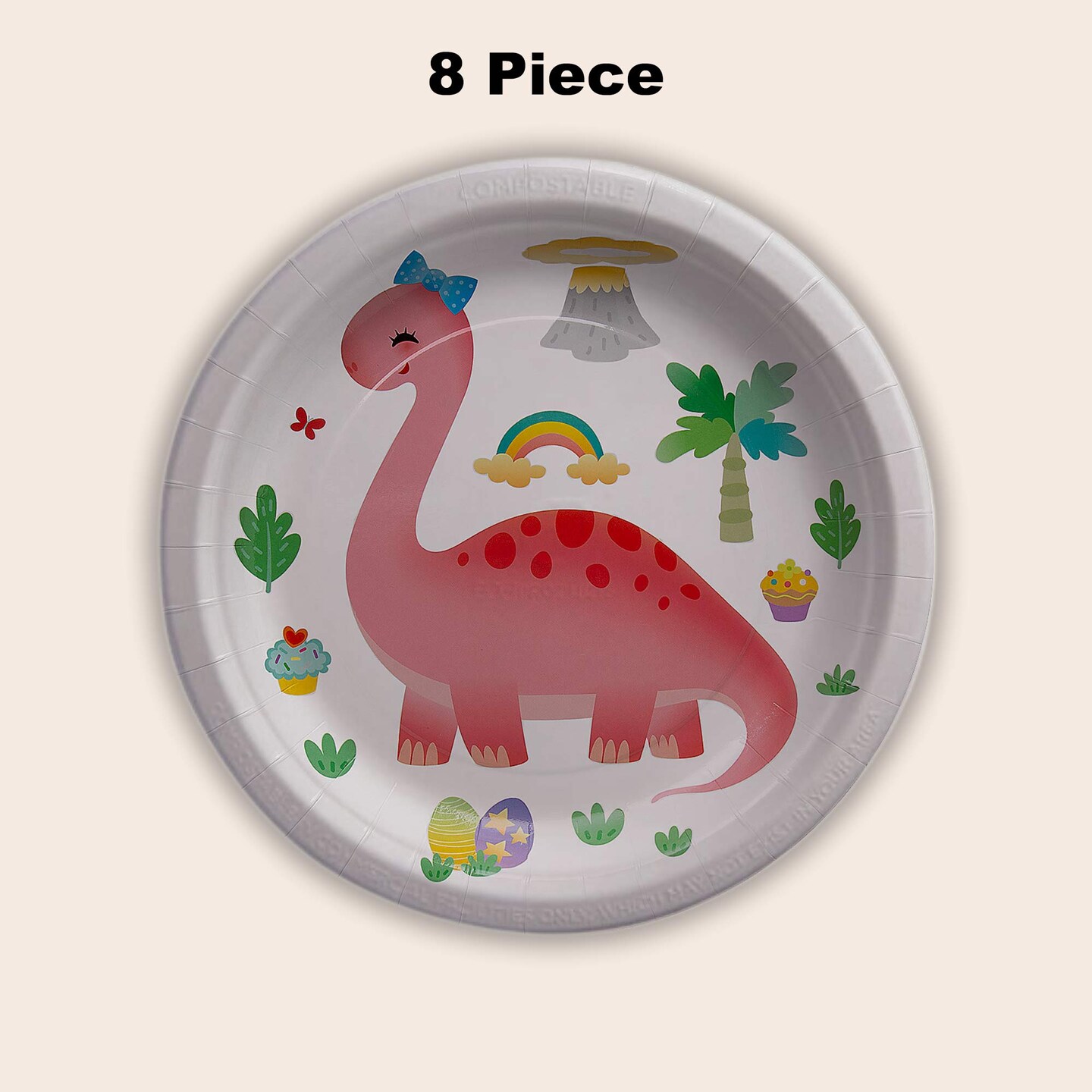 8 Count Pastel Dinosaur Paper Plates Birthday Party Disposable Dinnerware 9"