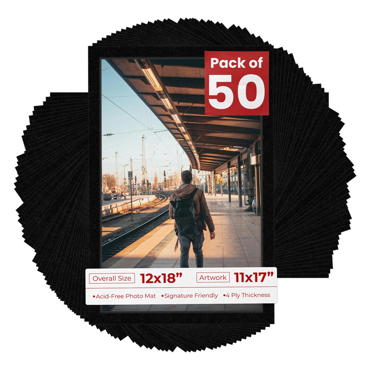 Black with Black Core Mat Board for 12x18 Frames - Fits 11x17 Photos