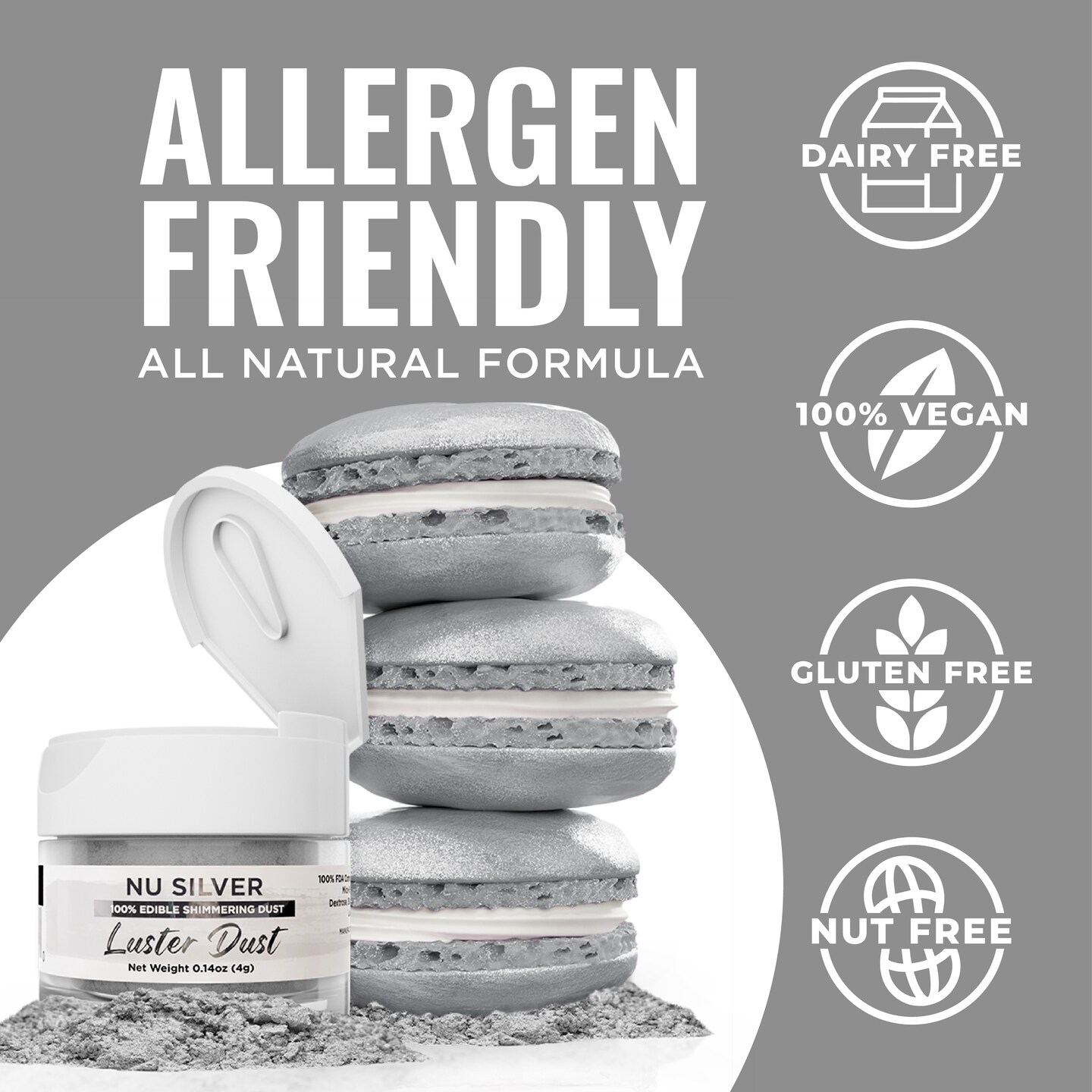 Bakell - Nu Silver Luster Dust (4g, 1x Jar) Edible Vegan Dust & Paint for Baking, Desserts and Beverages