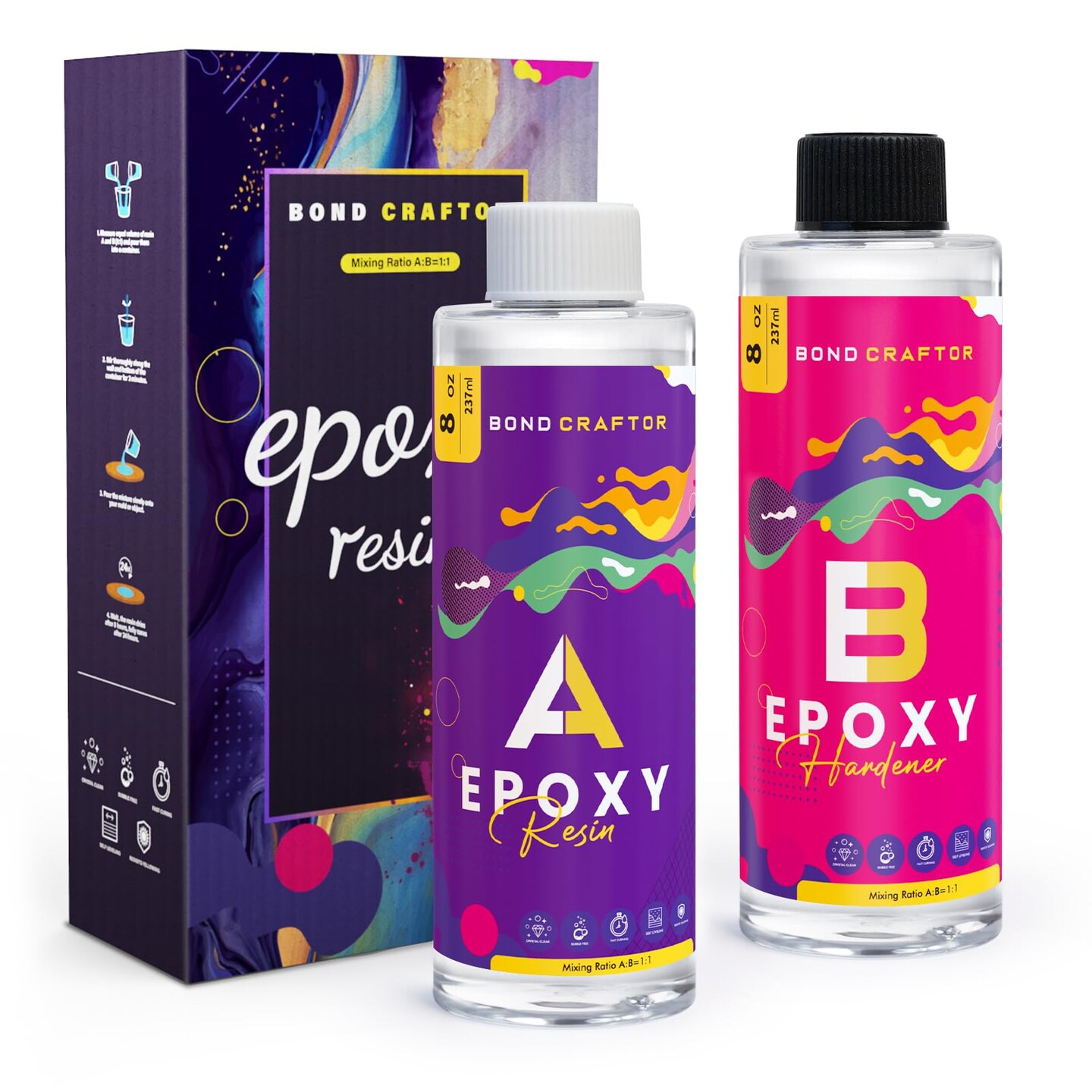 Bond Craftor Epoxy Resin Kit 16OZ, Clear Crystal Resina Epoxica Food Safe, Casting Resin for Art Craft, Jewelry Making, DIY