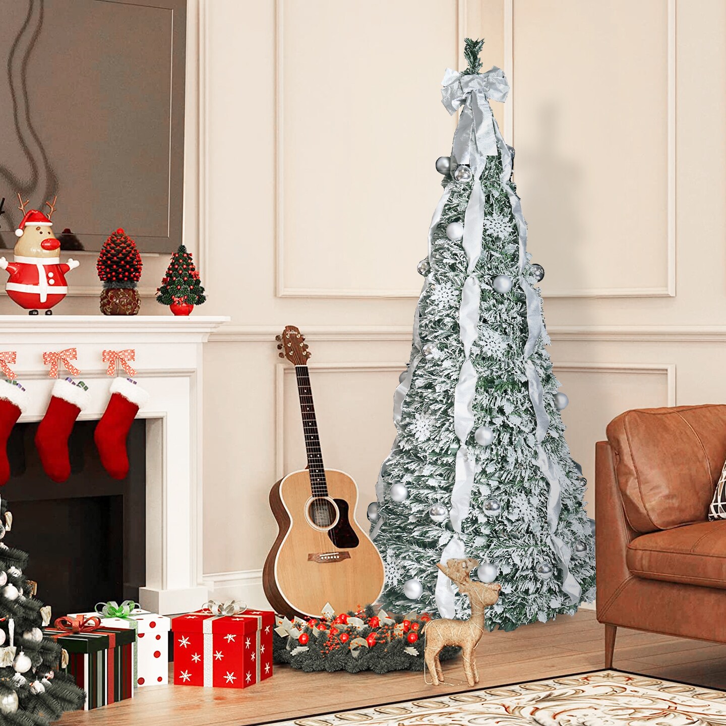 Enchanting 6FT Decorated Artificial Christmas Tree: Illuminated with Lights, Adorned with Snowflakes &#x26; Ornaments