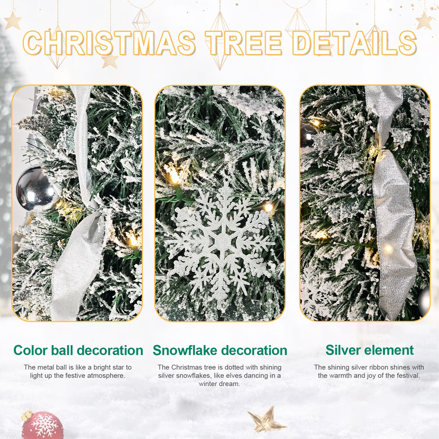 Enchanting 6FT Decorated Artificial Christmas Tree: Illuminated with Lights, Adorned with Snowflakes &#x26; Ornaments
