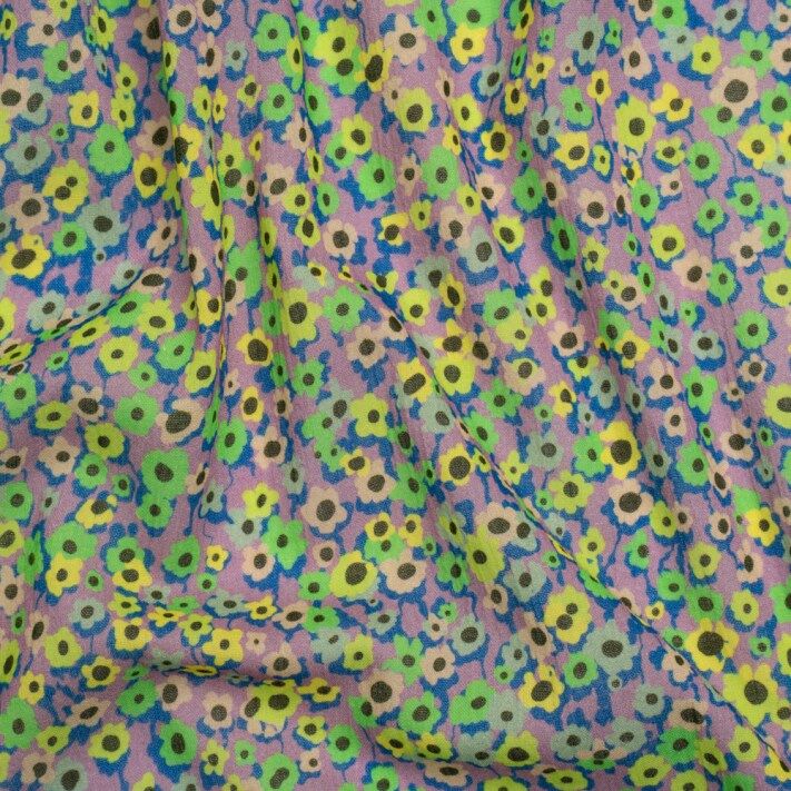 1 Yard Crinkled Cotton Gauzy Woven Print Lemon Lime and Purple Floral Fabric