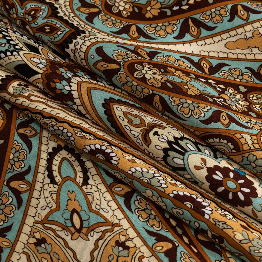 1 Panel Exclusive Italian Peach and Aqua Paisley Digitally Printed Silk Charmeuse Panel 53’’ Width