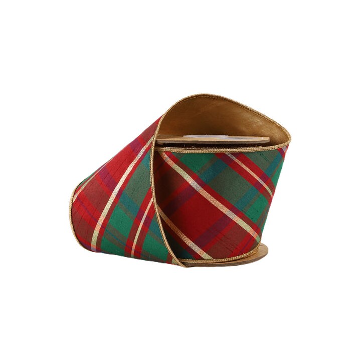 LaRibbons 4&#x22; - 2 1/2&#x22; Wired Dupioni Ribbon | Red/Green/Gold Plaid Bias Cut w/ Double-Fused Gold Backing | 10 Yard Roll