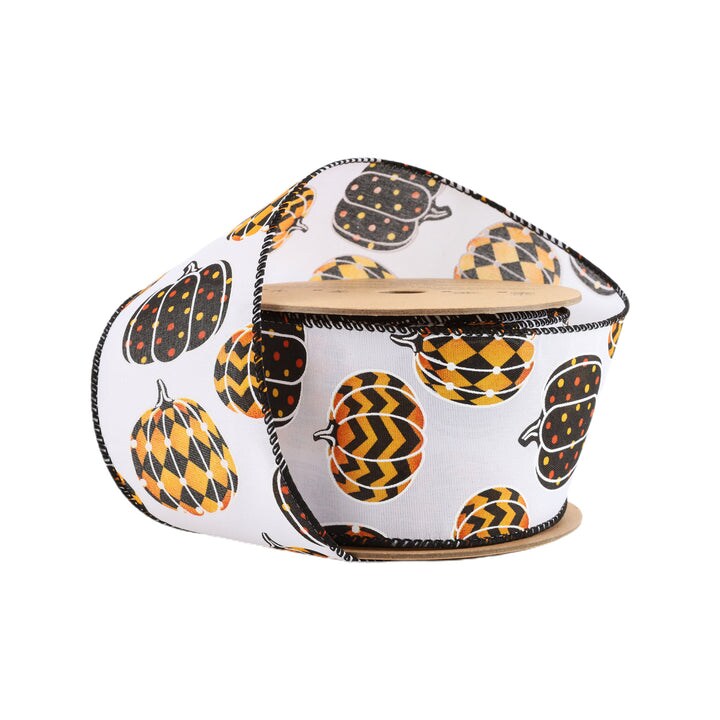 LaRibbons 2 1/2&#x22; Wired Ribbon | Black/Orange Pumpkin on White | 10 Yard Roll