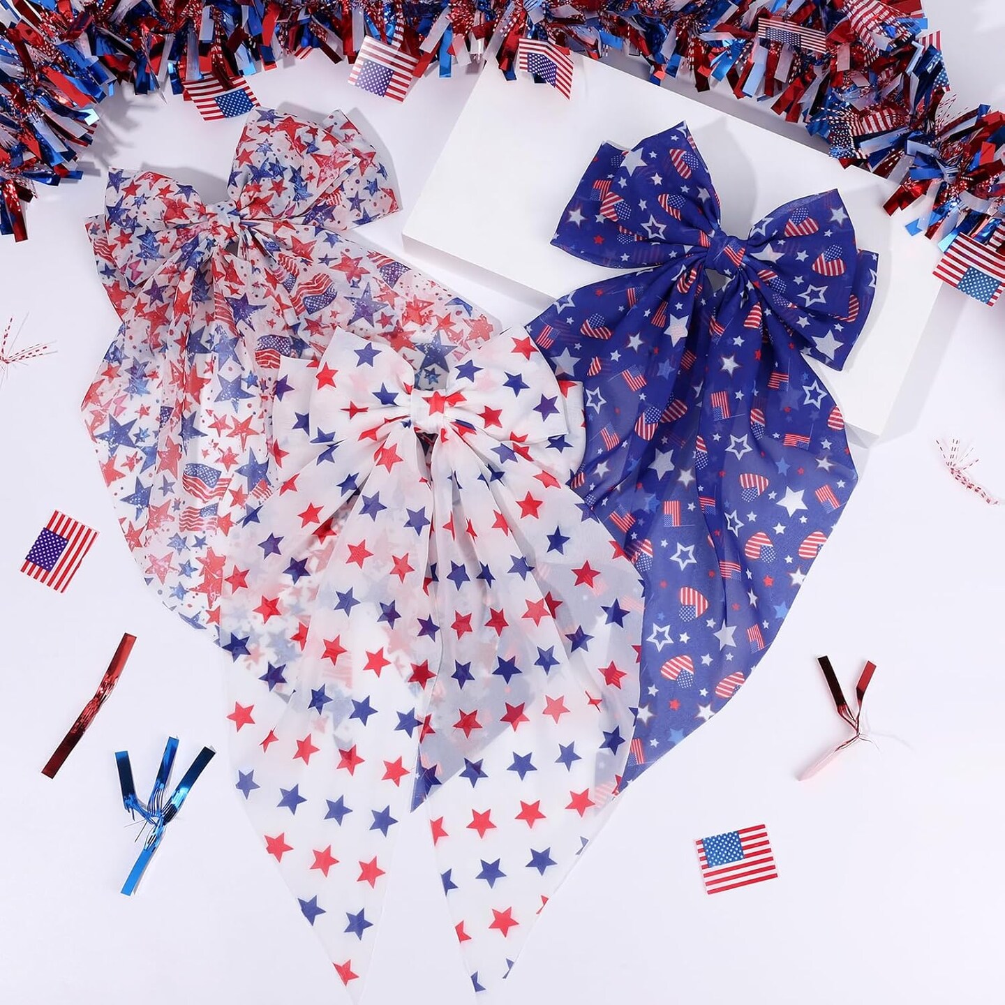 4th of July American Flag Hair Bows for Women, 3PCS Big Ribbon Bow Hair Clips for Girls, Patriotic Long Tail Accessories for Girls