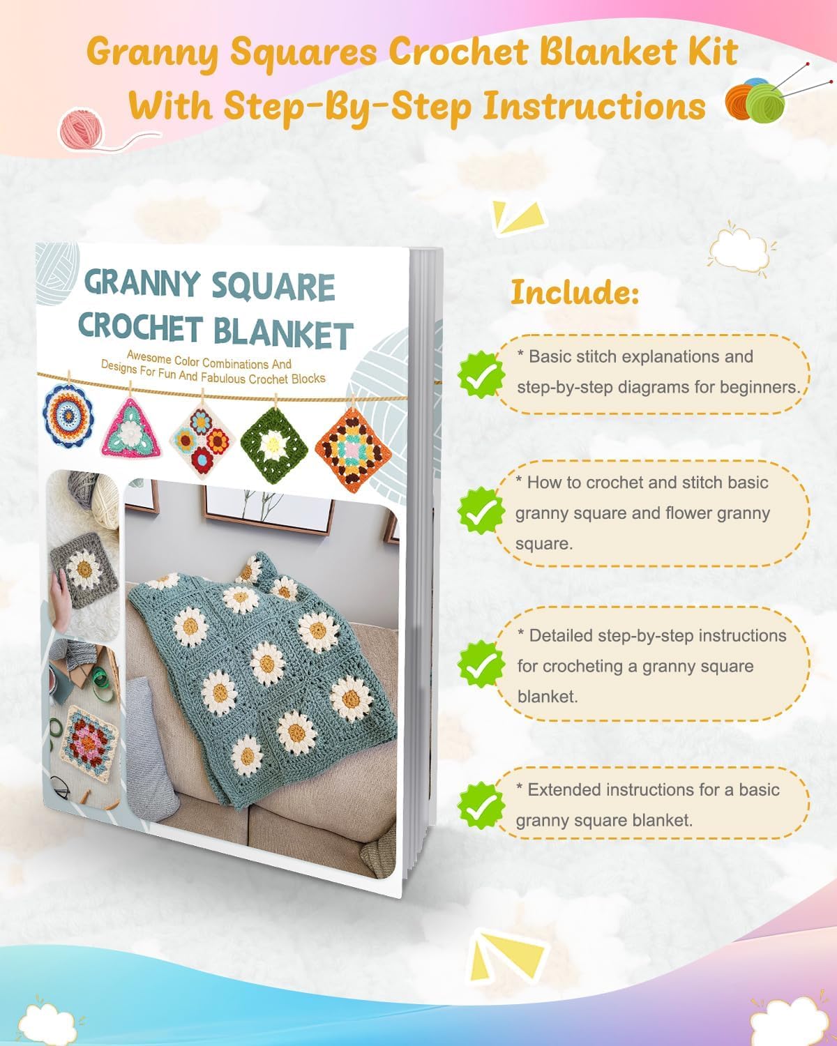 Crochet Starter Kit for Blanket, Granny Squares &#x26; Instructions, Easy Learn to Crochet