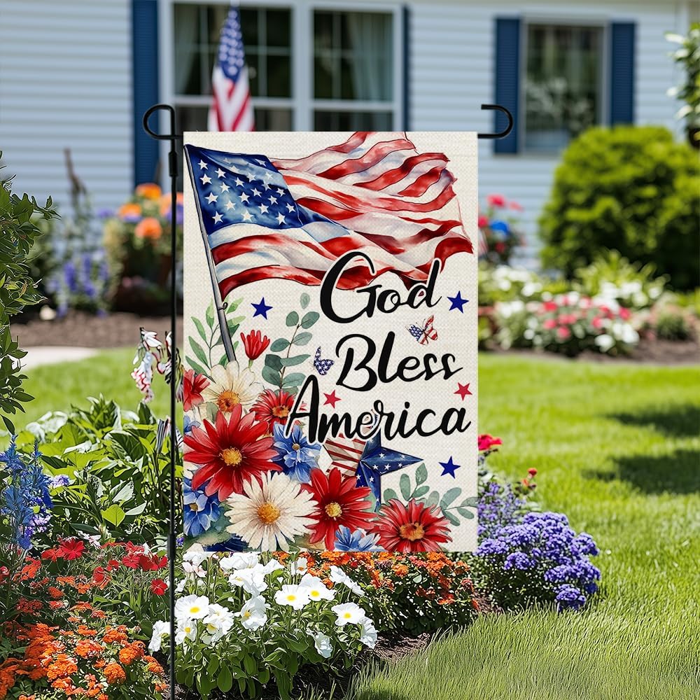 4th of July Floral Garden Flag God Bless America USA Double Sided 12x18 Inches for Outside Small Burlap Patriotic Independence Memorial Day Holiday Yard Decoration CF1776-12