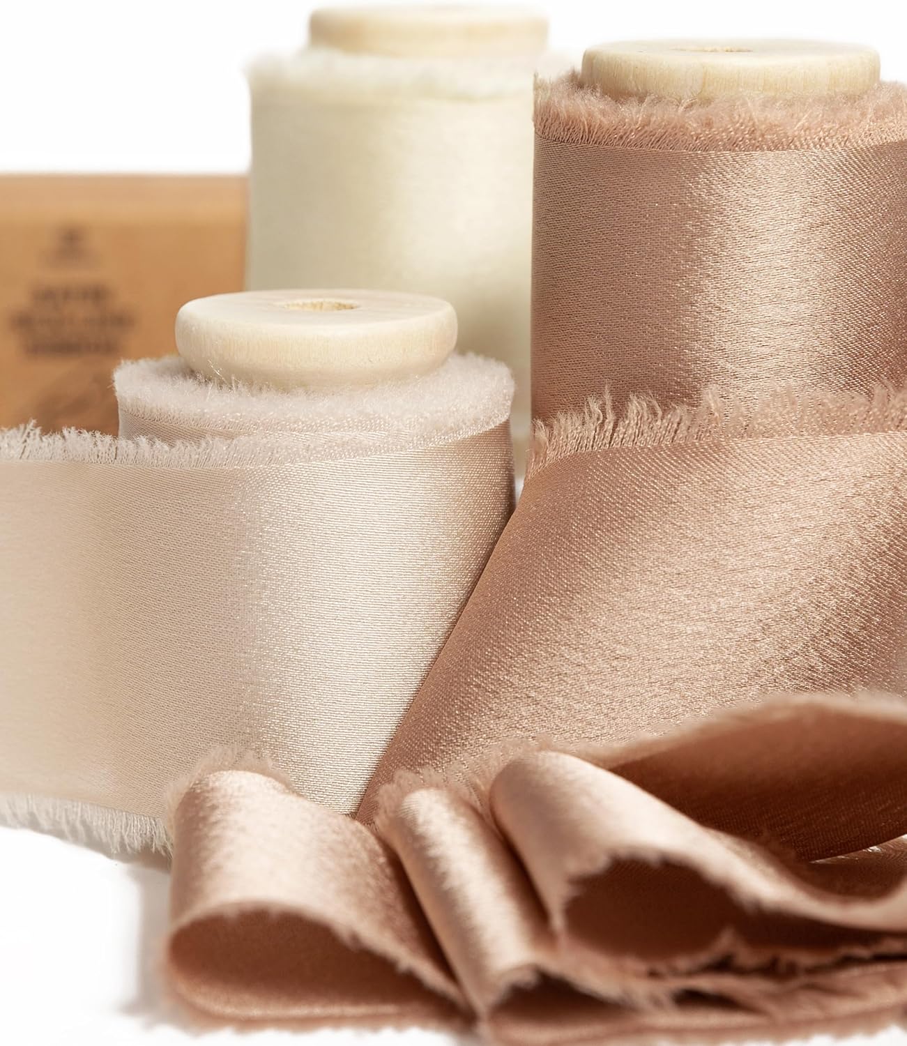 Silk Satin Ribbon 1-1/2 inch x 15 Yard with Wooden Spool Champagne &#x26; Nude Handmade Frayed Ribbons for Gift Wrapping Baby Shower Wedding Bridal Bouquets Holiday Decor