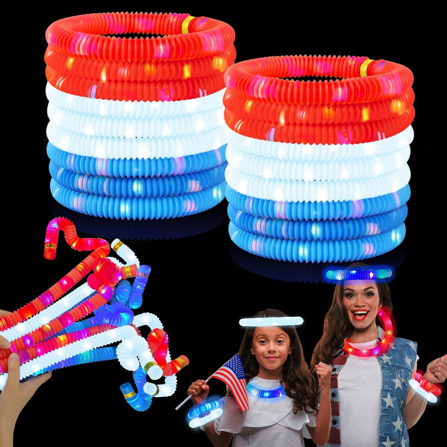 4th of July Red White Blue Glow Sticks Party Favors Supplies 18 PCS, Light up Pop Tubes Accessories Bracelets Necklaces for Kids Toddlers, Memorial Day Patriotic Toys Gifts Items for Fourth of July