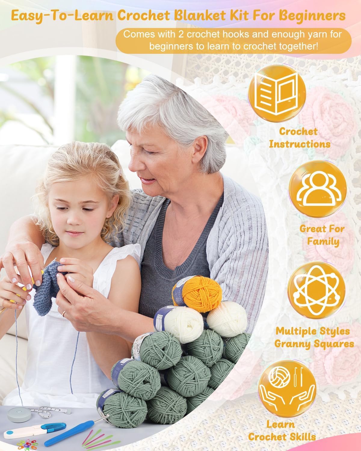 Crochet Starter Kit for Blanket, Granny Squares &#x26; Instructions, Easy Learn to Crochet