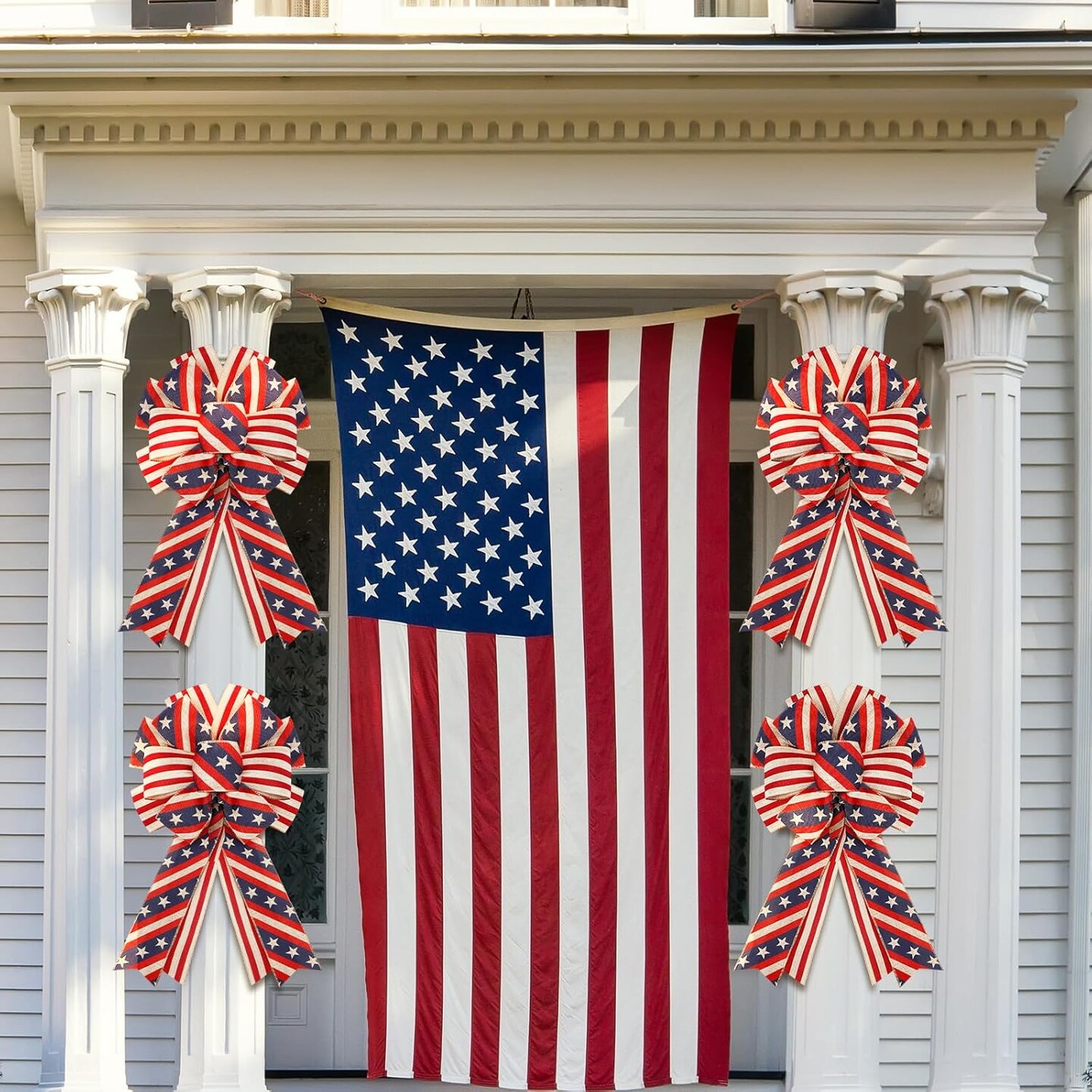 2 Pcs 4th of July Bows Red White Blue American Flag Patriotic Wreath Burlap Tree Topper for Indoor Outdoor Independence Day Memorial Day Party Decoration