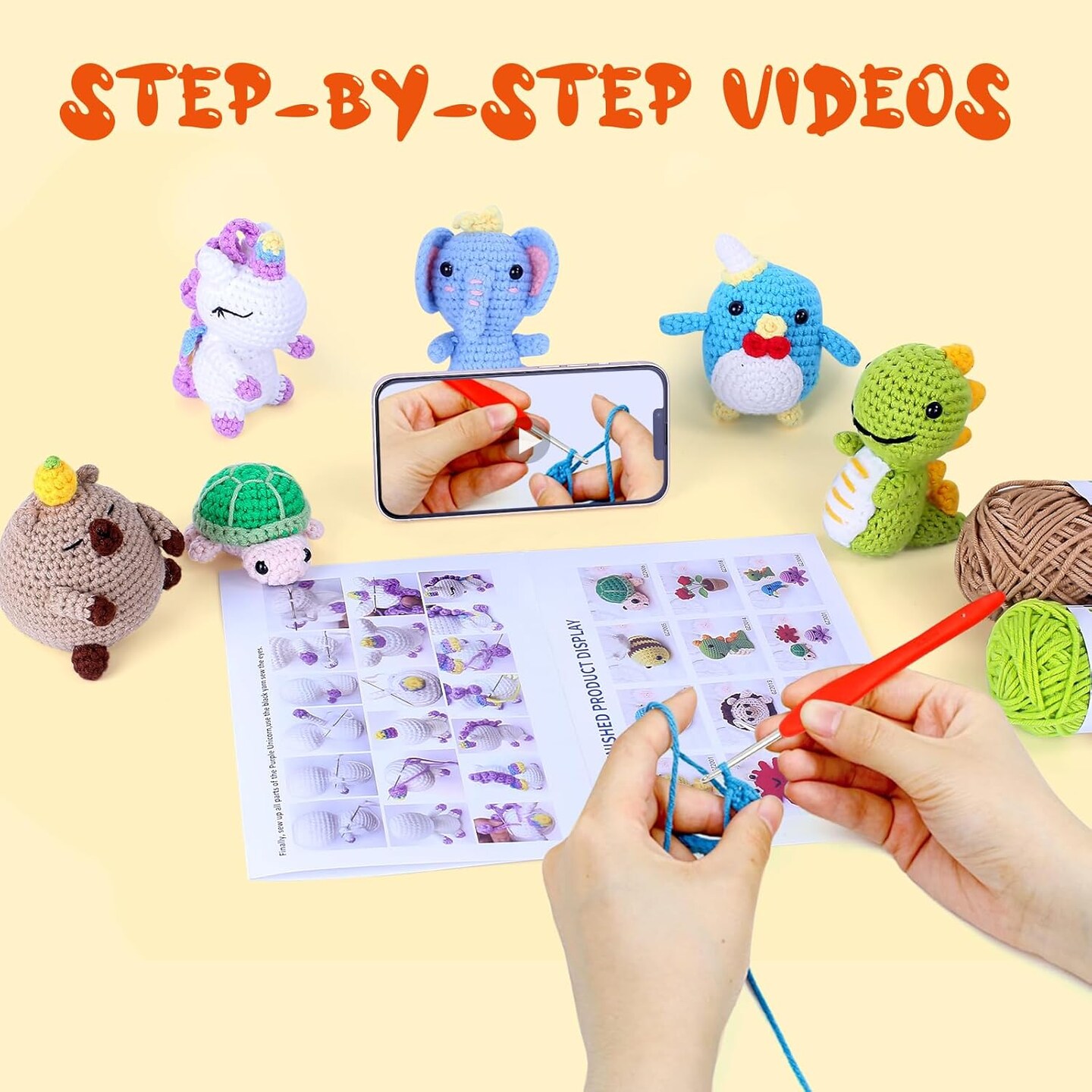 Knitting Kit for Beginners with 6 Pcs Crochet Animal Kit for Beginners in Step by Step Video Tutorials, Beginner Crochet Kit