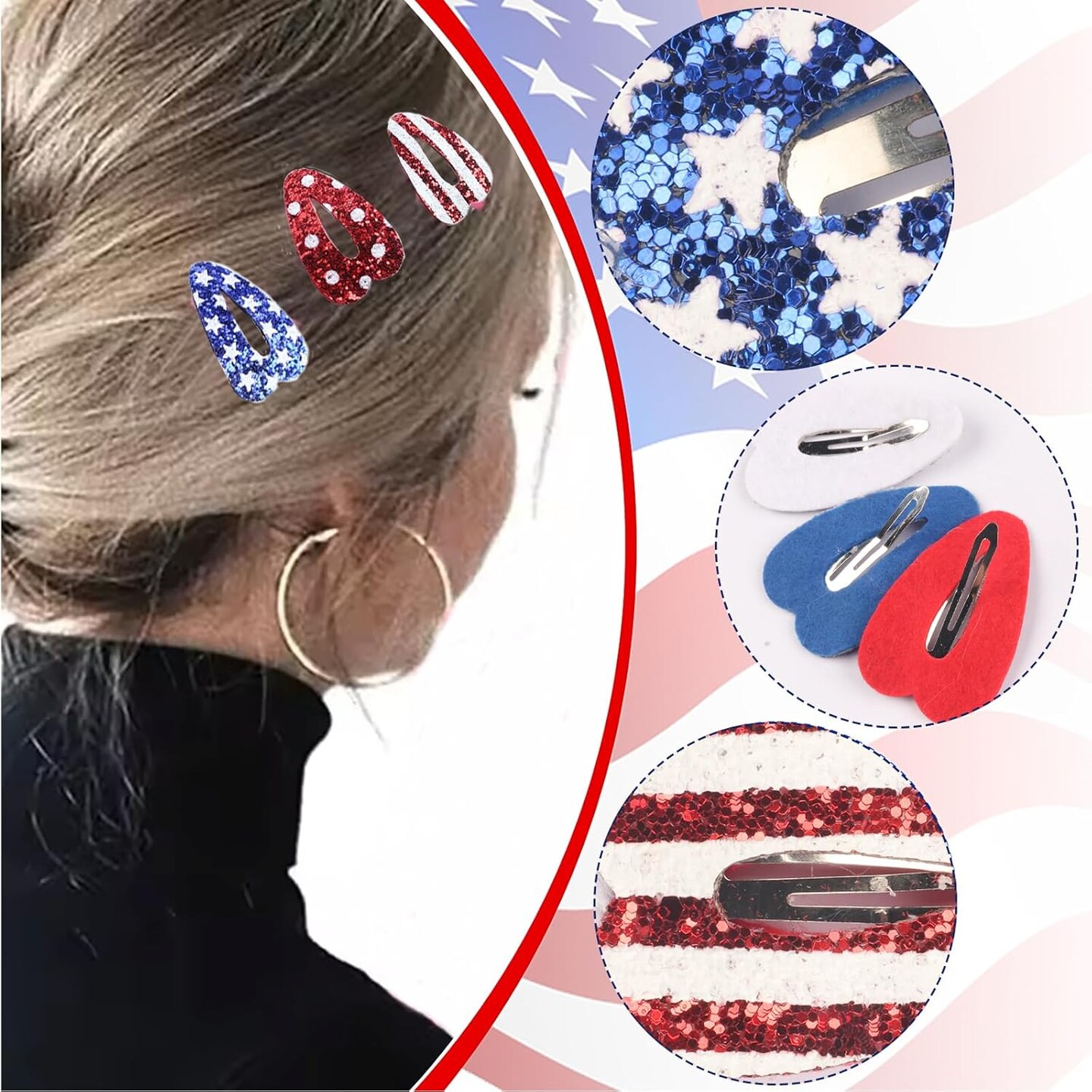 3PCS 4th of July Hair Clips Glitter Sequin Patriotic Hairpins Hair Barrettes Sparkly Red, White and Blue Snap Clips Star Stripe Independence Day Hair Grips for Memorial Themed Party