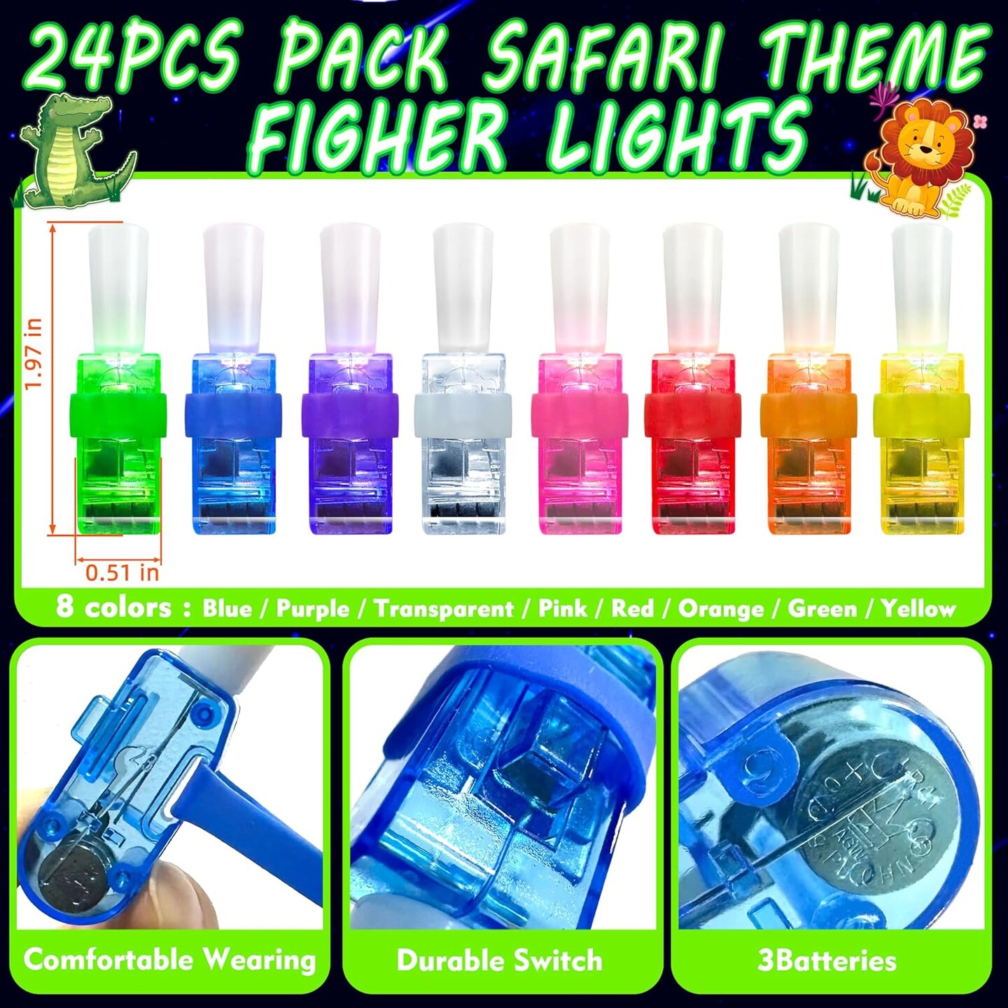24PCS Jungle Safari Party Favors-LED Finger Lights&#xFF1A;Glow-in-the-Dark Light-Up Toys Bulk for Kids,Animal Theme Birthday Party Decorations Supplies, Party Goodie Bags, Classroom Prizes, Fun Gifts