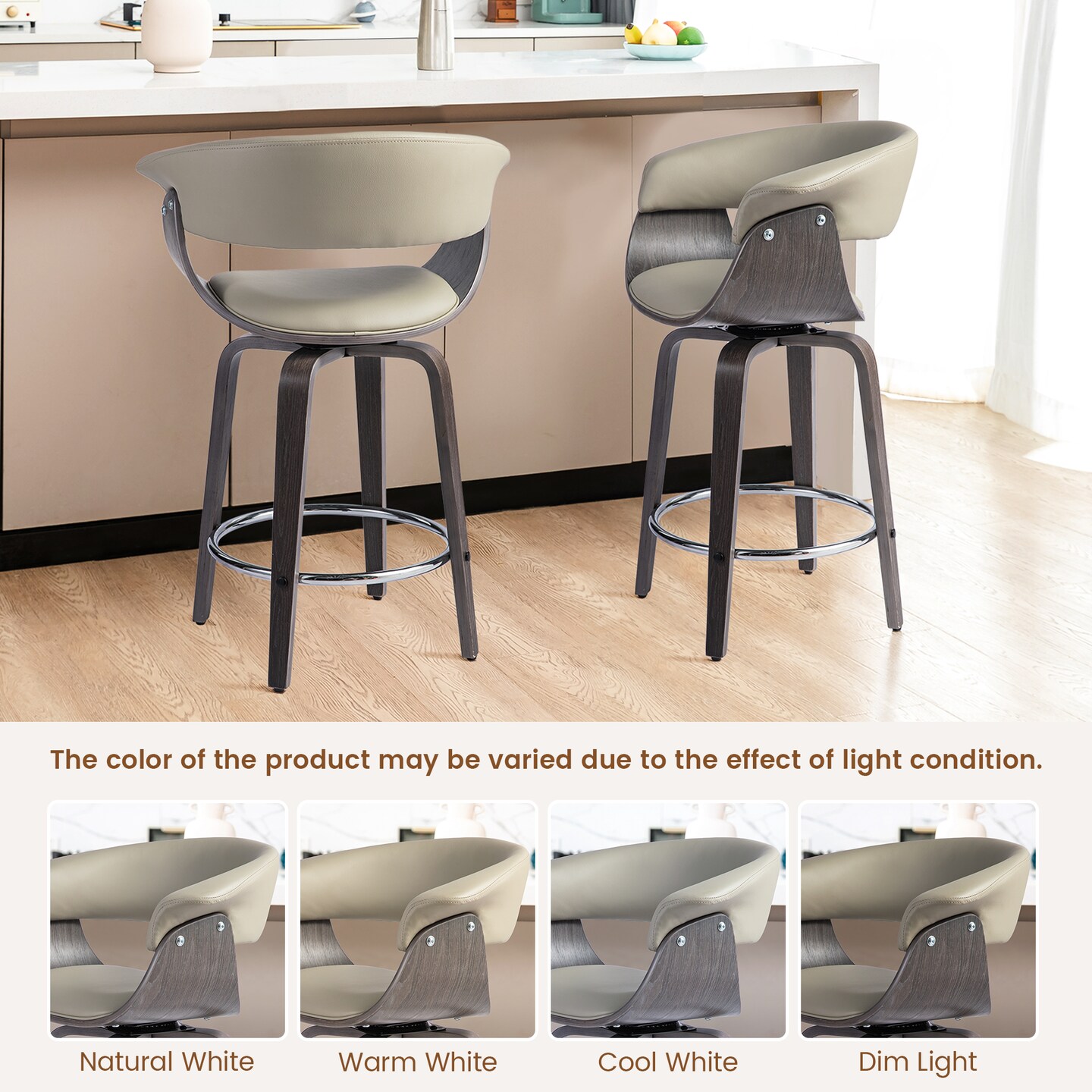 Set of 2/4 Mid-century Modern Leatherette Swivel Bar Stools/Counter Stools with Walnut Bentwood Frame