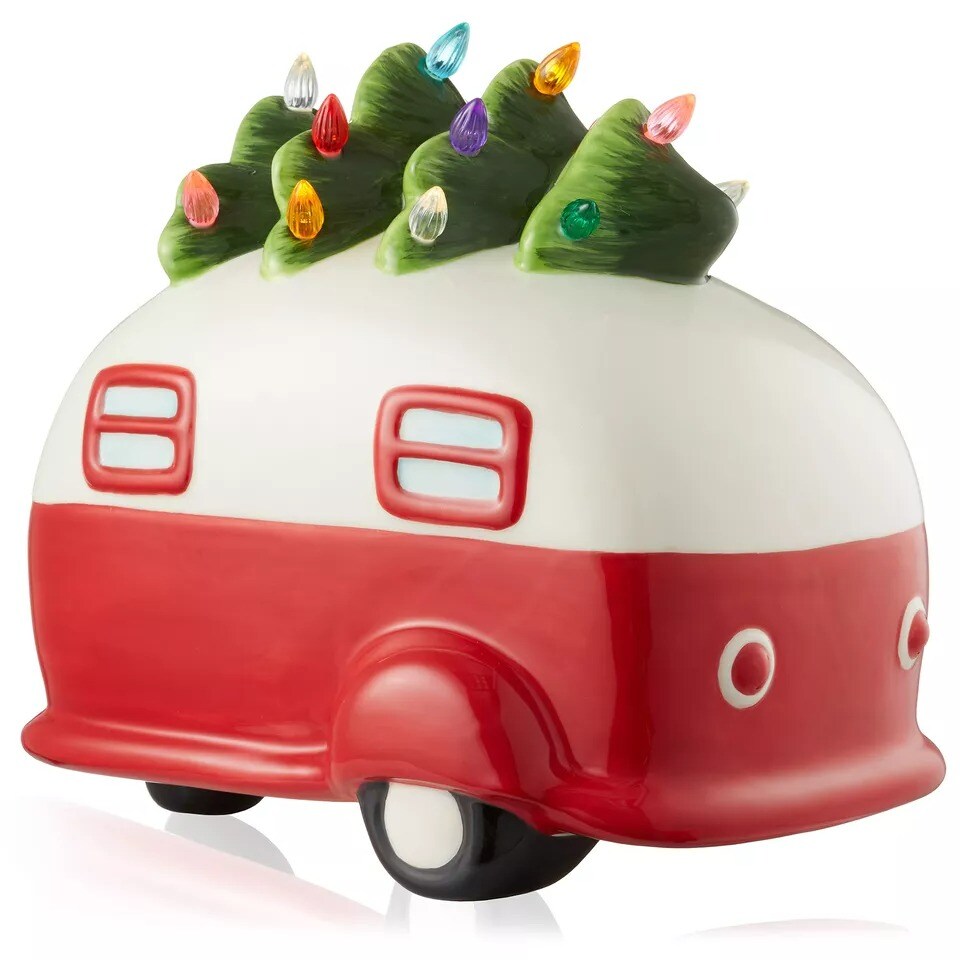 Pre-Lit Ceramic Christmas Vintage Camper Hand-Painted Tabletop Decor
