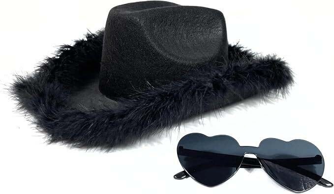4E&#x27;s Novelty Black Cowboy Hat with Feathers and Heart Sunglasses for Women - Black Cowboy Hat, Oversized Heart Glasses - Cowboy Hat for Costume Party