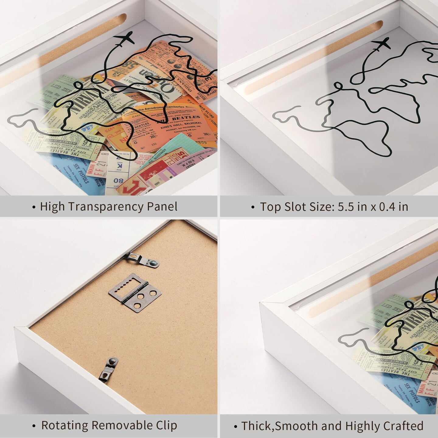 Travel Adventure Archive Shadow Box For Memories,8&#x26;12Inch Concert Travel Ticket Stub Memory Top Loading Shadow Keepsake Box With Slot On Top,life In a Shadow Box Travel Gift Frame (White, 8x8)