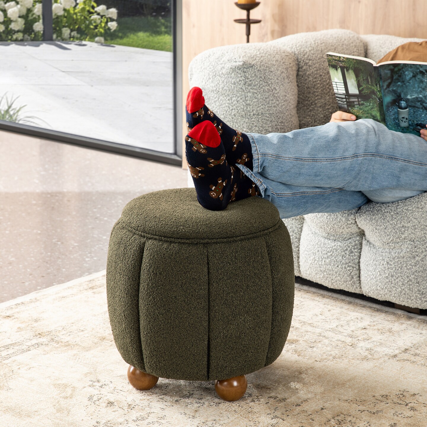 19&#x22;H Boucle Upholstered Storage Ottoman Stool with Rubberwood Feet