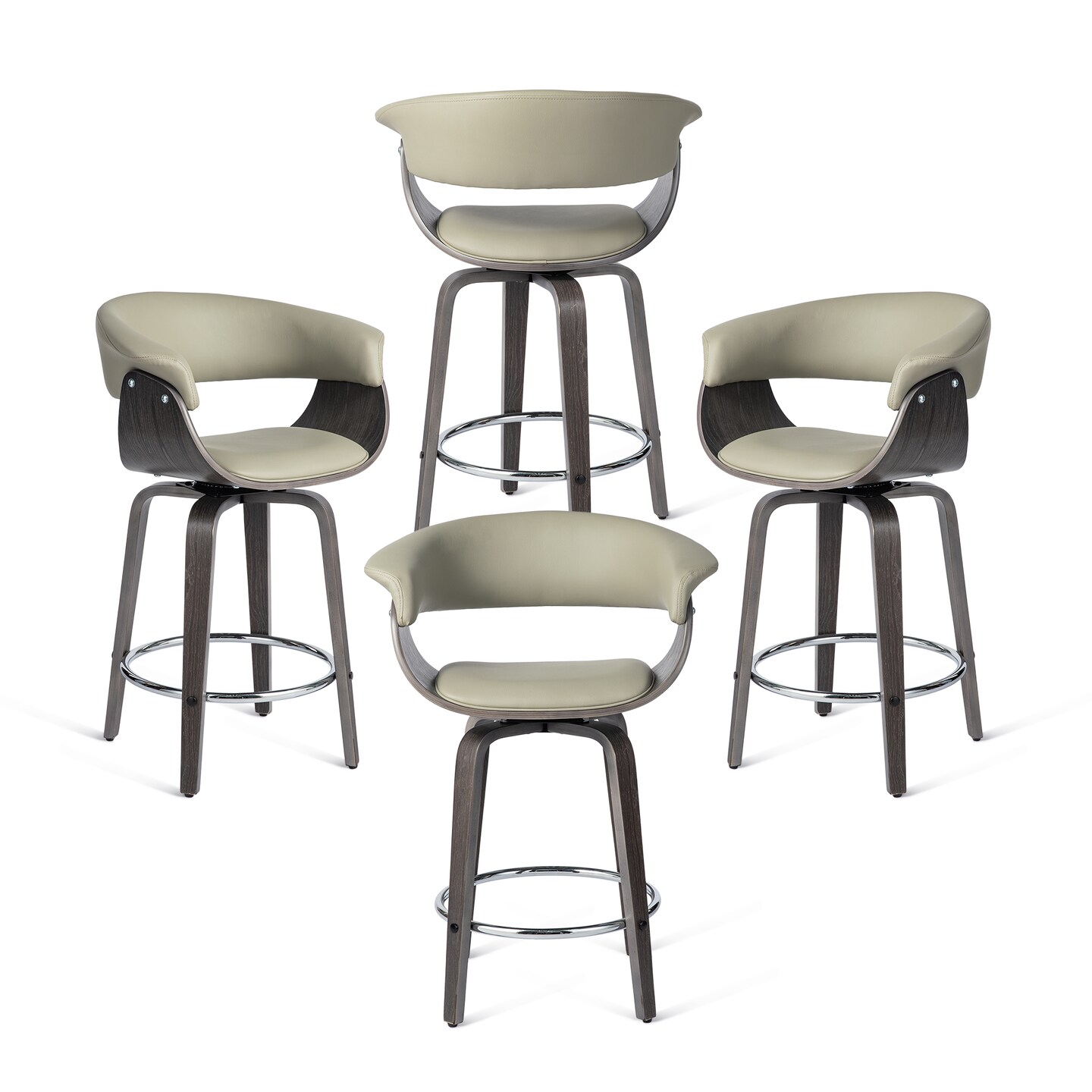 Set of 2/4 Mid-century Modern Leatherette Swivel Bar Stools/Counter Stools with Walnut Bentwood Frame