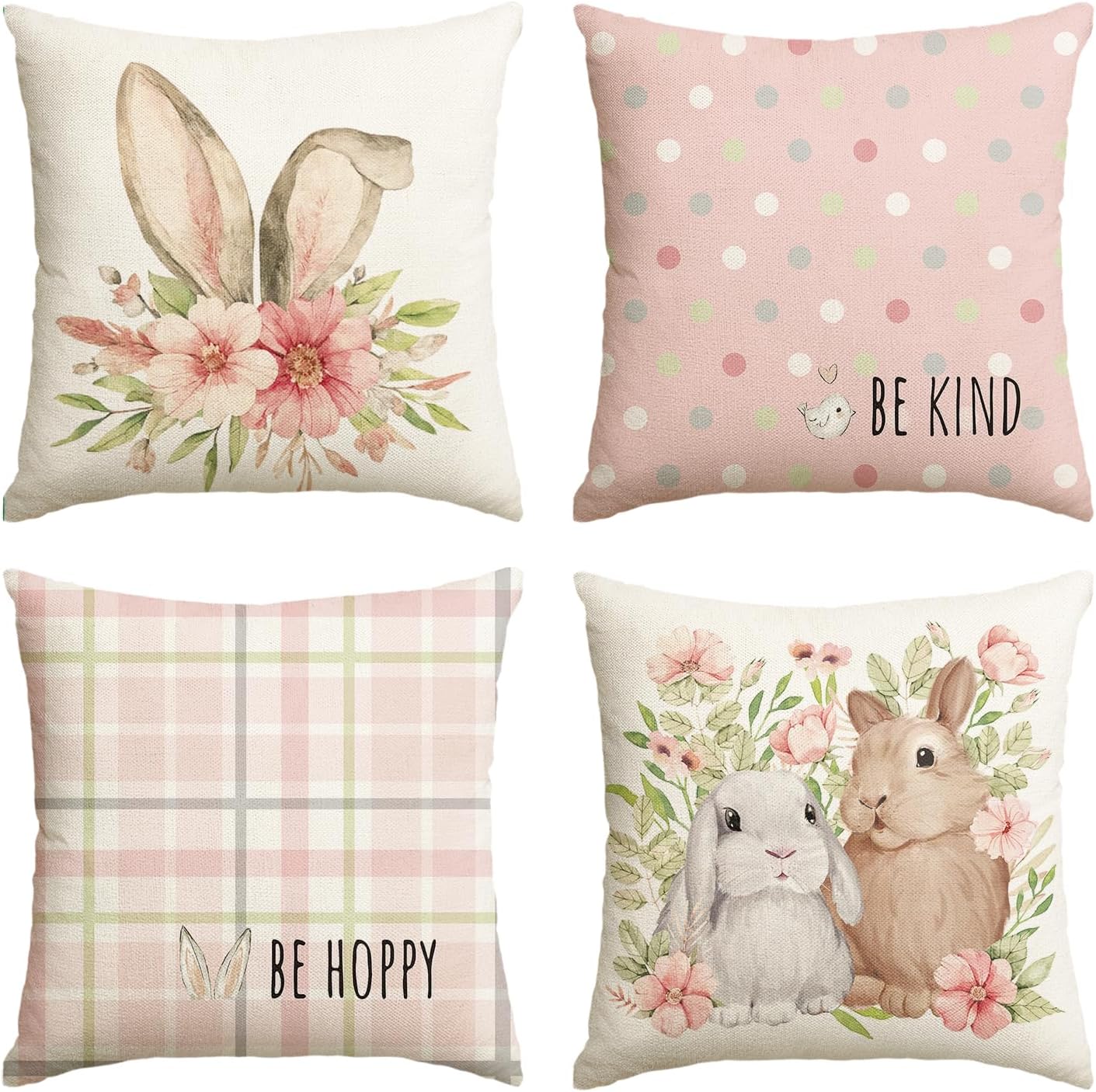 Easter Rabbit Flower Buffalo Plaid Be Hoppy Throw Pillow Cover, 18 x 18 Inch Polka Dot Bird Be Kind Cushion Case Decoration for Sofa Couch Set of 4