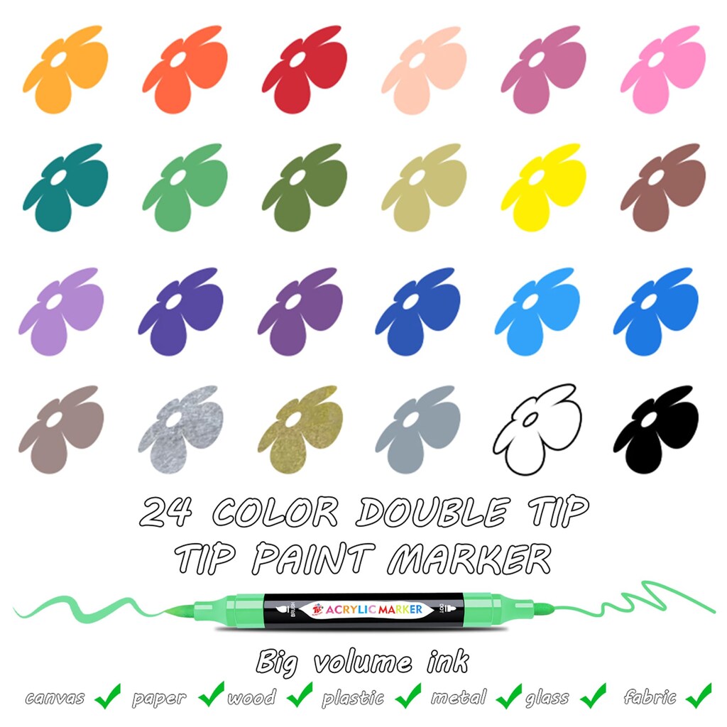 TBC The Best Crafts - Set 24 Pennarelli Acrilici A Doppia Punta (Fine 0,1mm E Rotonda 1-3,9mm) Per Pittura Su Tela, Vetro, Legno, Tessuto