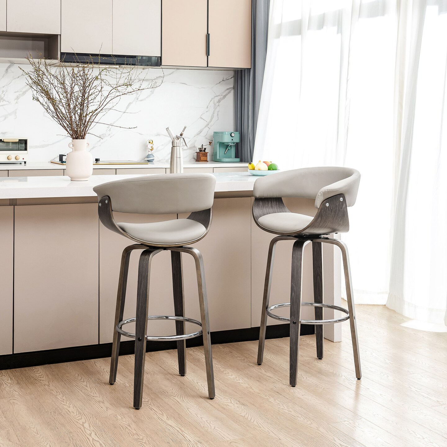 Set of 2/4 Mid-century Modern Leatherette Swivel Bar Stools/Counter Stools with Walnut Bentwood Frame