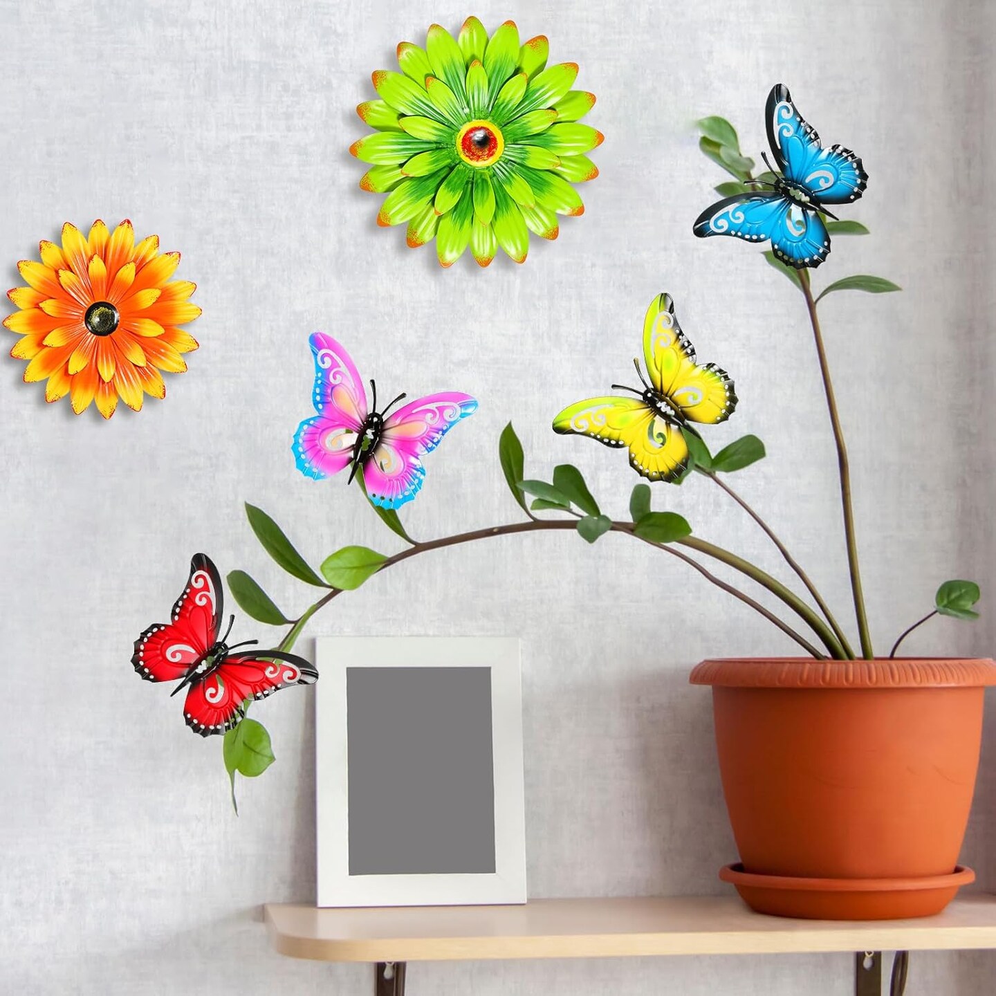 10-Piece Vintage Metal Flower & Butterfly Wall Art Set – 3D Outdoor Garden & Balcony Decor