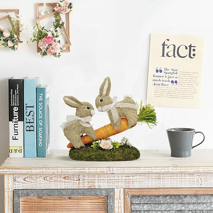 8.9 Inches Sisal Easter Bunny Decor on Carrot Seesaw, Natural Straw Easter Decorations Bunny Figurine on Moss Meadow as Spring Decor, Easter Table Decor