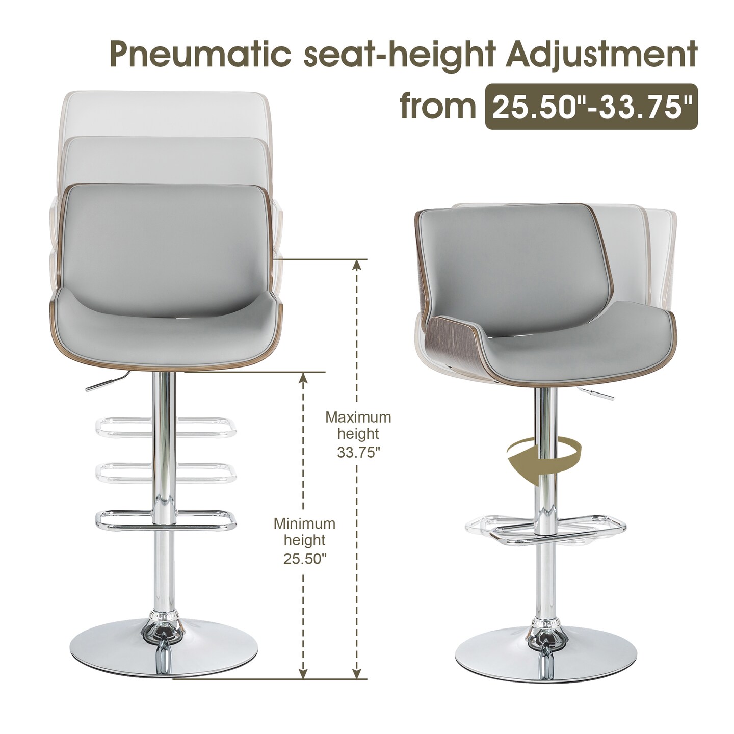 Set of 2 Mid-century Modern Leatherette Adjustable Height Swivel Bar Stool with Black Metal Base