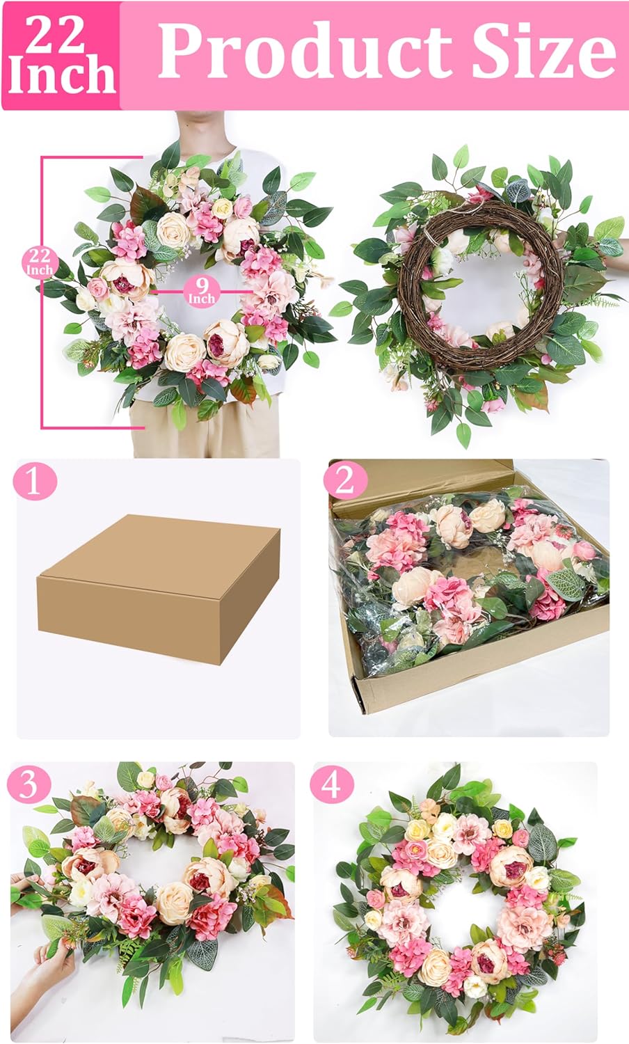 Peony Floral Wreath 22&#x22; Spring Wreaths for Front Door &#x26; Lights Timer Large Pink Peonies