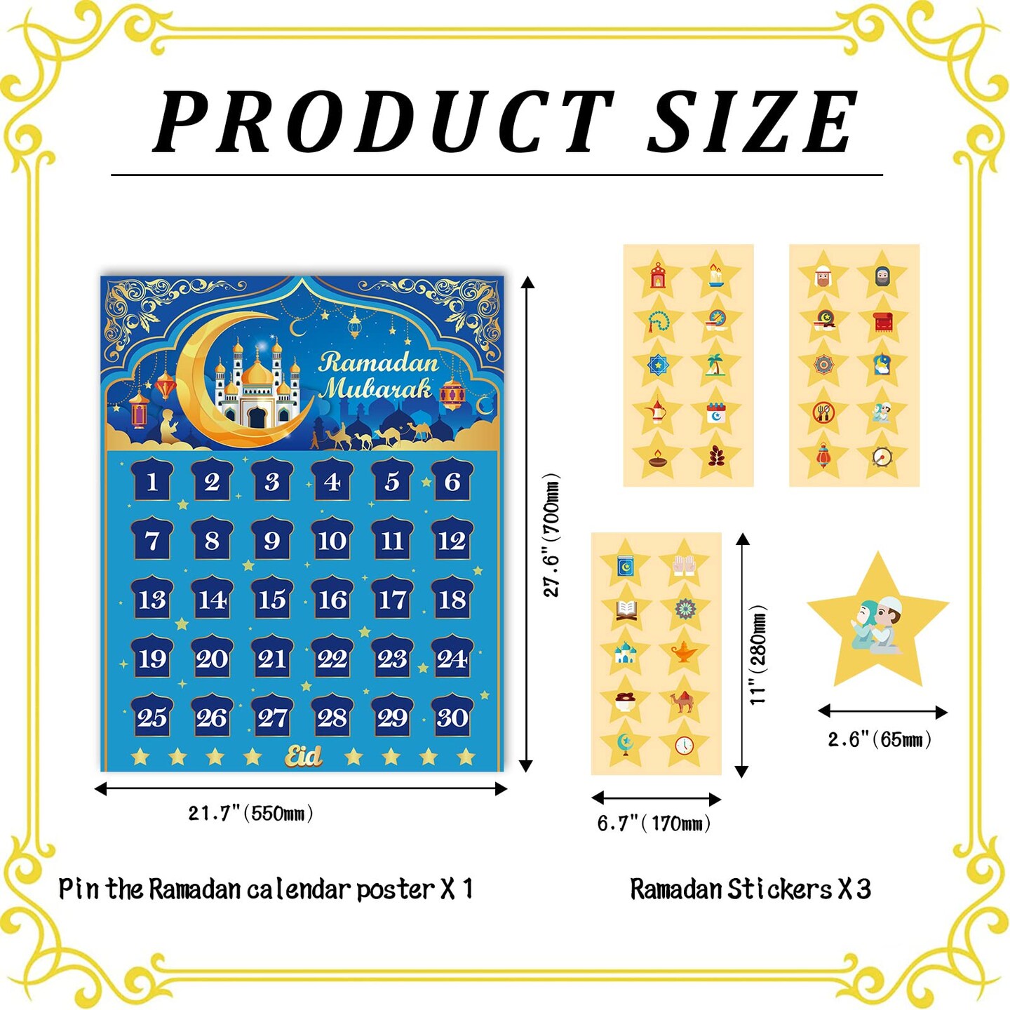 Ramadan Calendar, Eid Mubarak Calendar Countdown 2024 for Eid Party Supplies, Ramadan Advent Calendar Poster with 30 Countdown Star Stickers for Ramadan Mubarak Home Wall Decorations