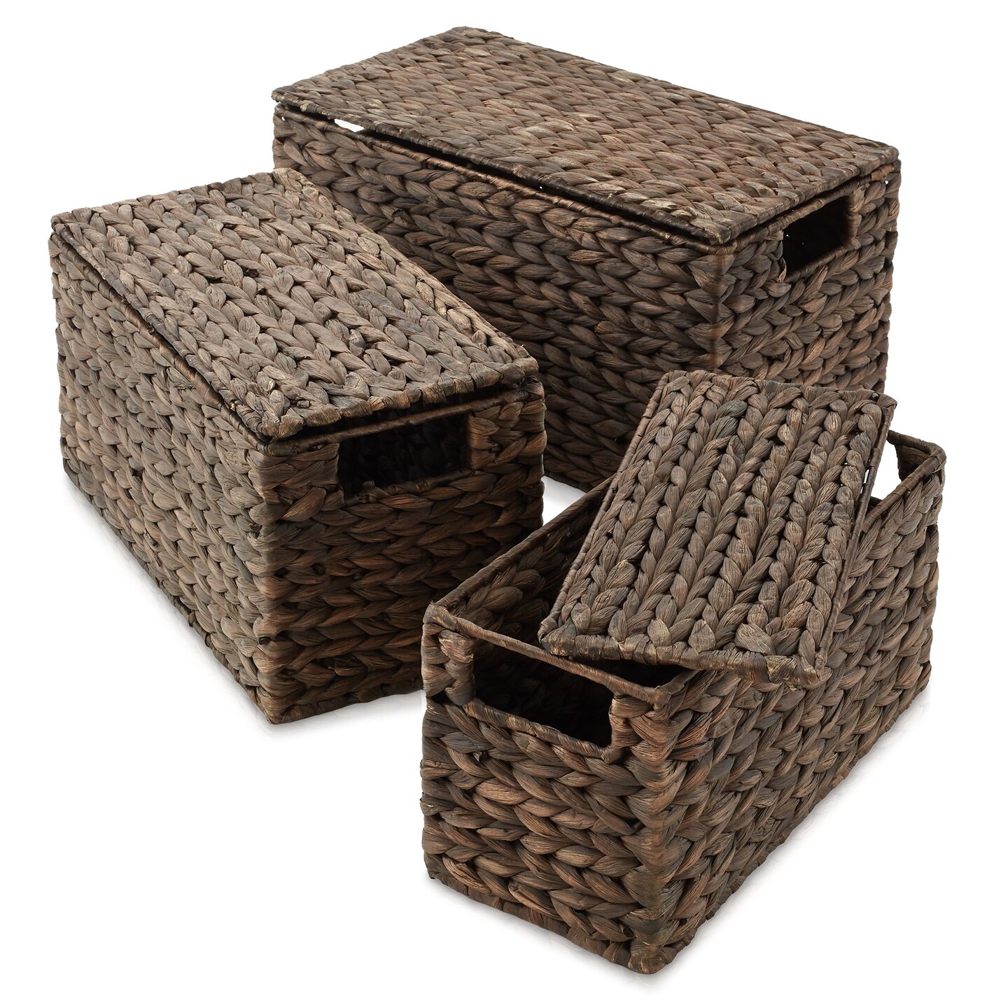 3-Piece Hyacinth Nesting Basket Set, Stacking Storage Wicker Bins with Lids