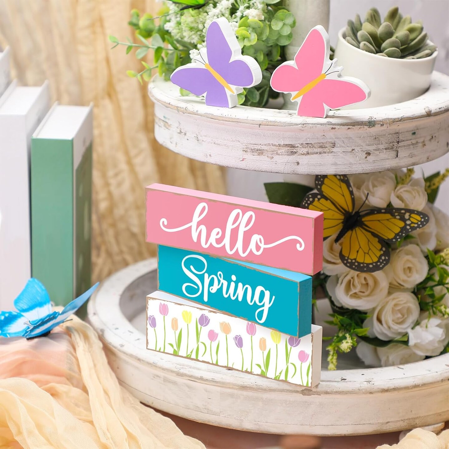 5 Pcs Hello Spring Tiered Tray Decorations Rustic Spring Table Decor Farmhouse Spring Decorations for Home Spring Wood Sign Hello Spring Table Centerpiece Standing Decor for Shelf Tabletop Fireplace