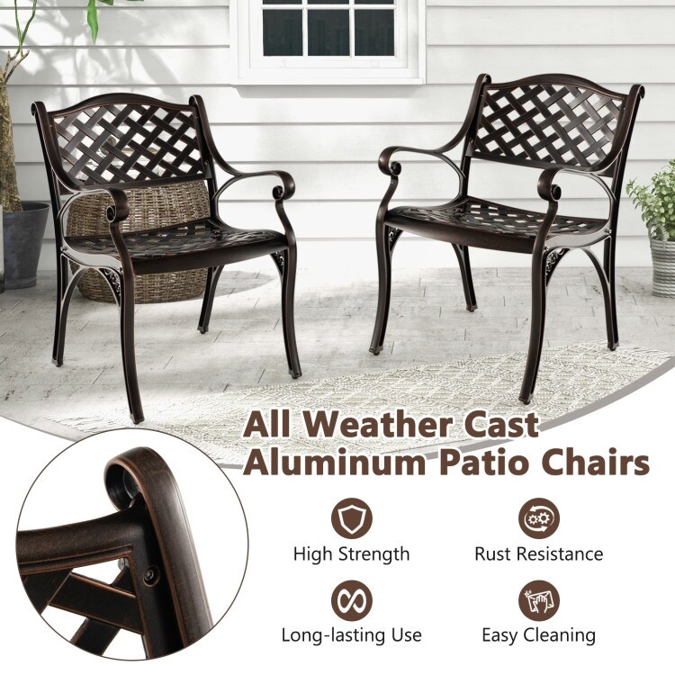 Cast Aluminum Patio Chairs Set Of 2 Dining Chairs With Armrests Diamond Pattern-Bronze